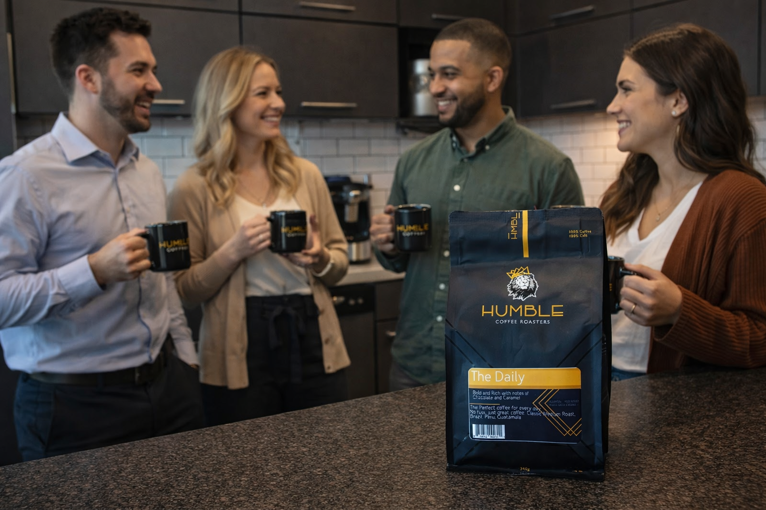 Black La Marzocco espresso machine pouring coffee into a black cup with gold branding, surrounded by other cups and measuring glasses on a wooden countertop in a coffee shop.
