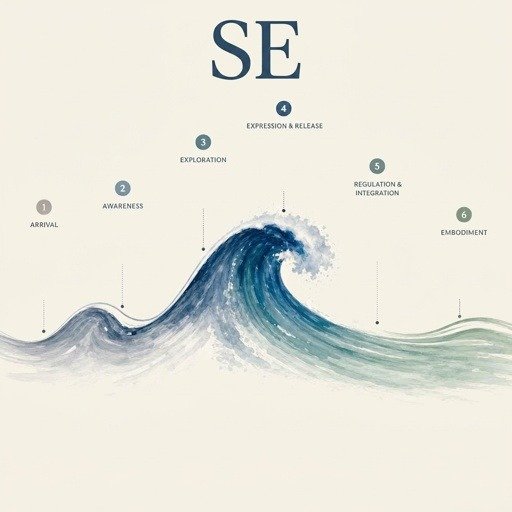 A diagram about somatic experiencing illustrating the stages of the Sequence of Emotional Waves, showing six phases from arrival to embodiment, with a large ocean wave and labeled steps.