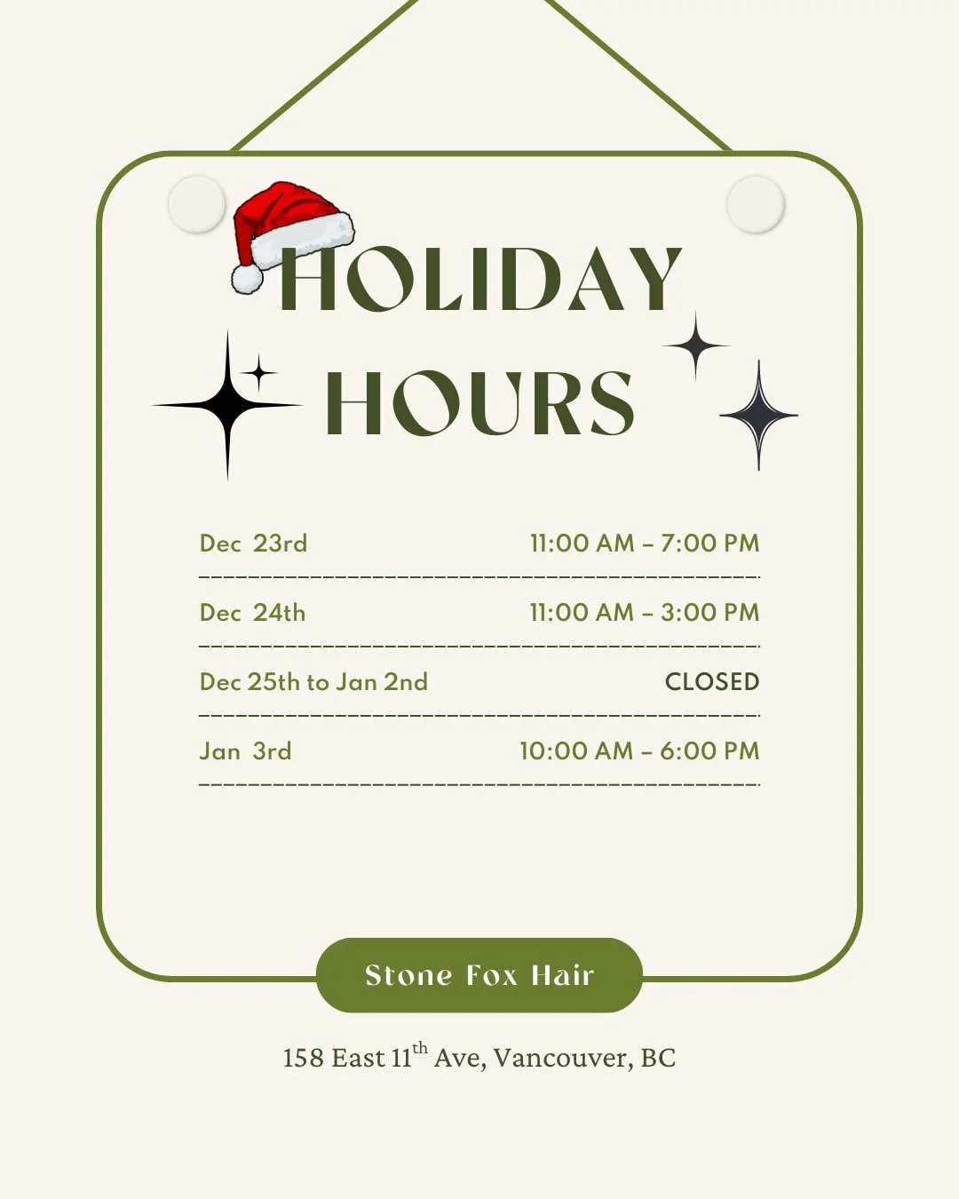 Stone Fox will be closed December 25th &ndash; January 2nd so our team can rest, reset, and spend time with loved ones!

Thank you for an incredible year of trust, transformations, and good hair days. We&rsquo;re so grateful for this community. 🤍🫶
