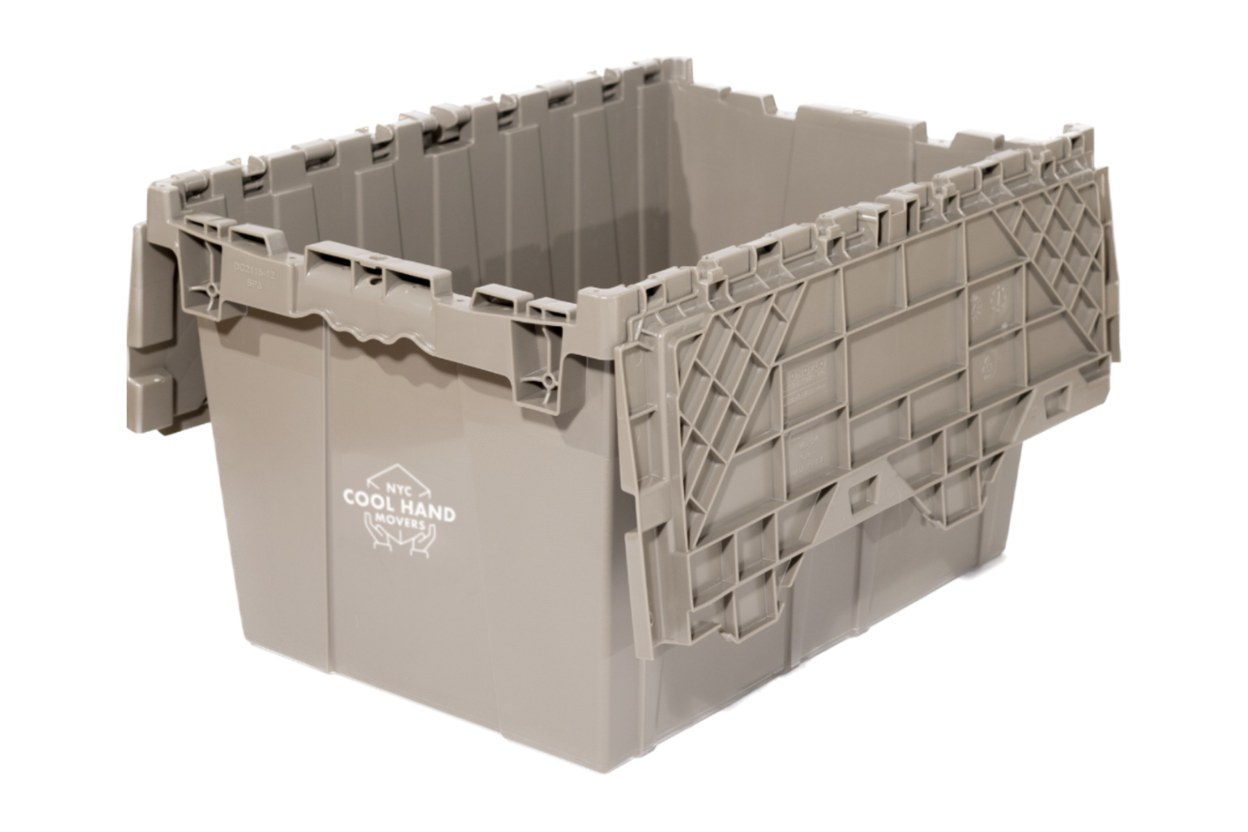 A gray and green plastic moving bin.