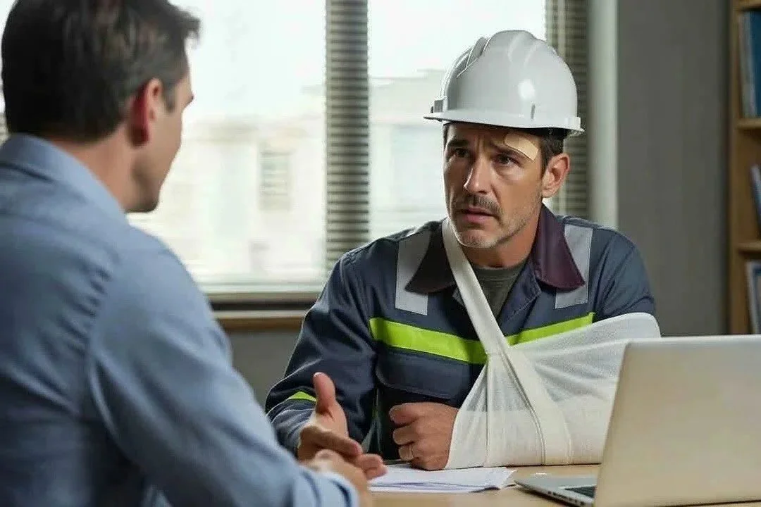 A man with a cast on his arm, wearing a white safety helmet and a dark work uniform with reflective stripes, talking to another man in a blue shirt in an office setting.