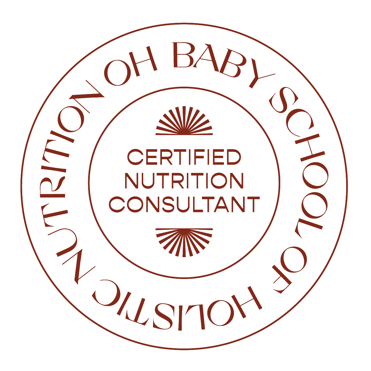 A circular badge with the text 'Certified Nutrition Consultant' at the center, flanked by sunburst designs above and below, and a surrounding ring with the text 'Of the Houston Nutritionist®' printed repeatedly along the circumference.