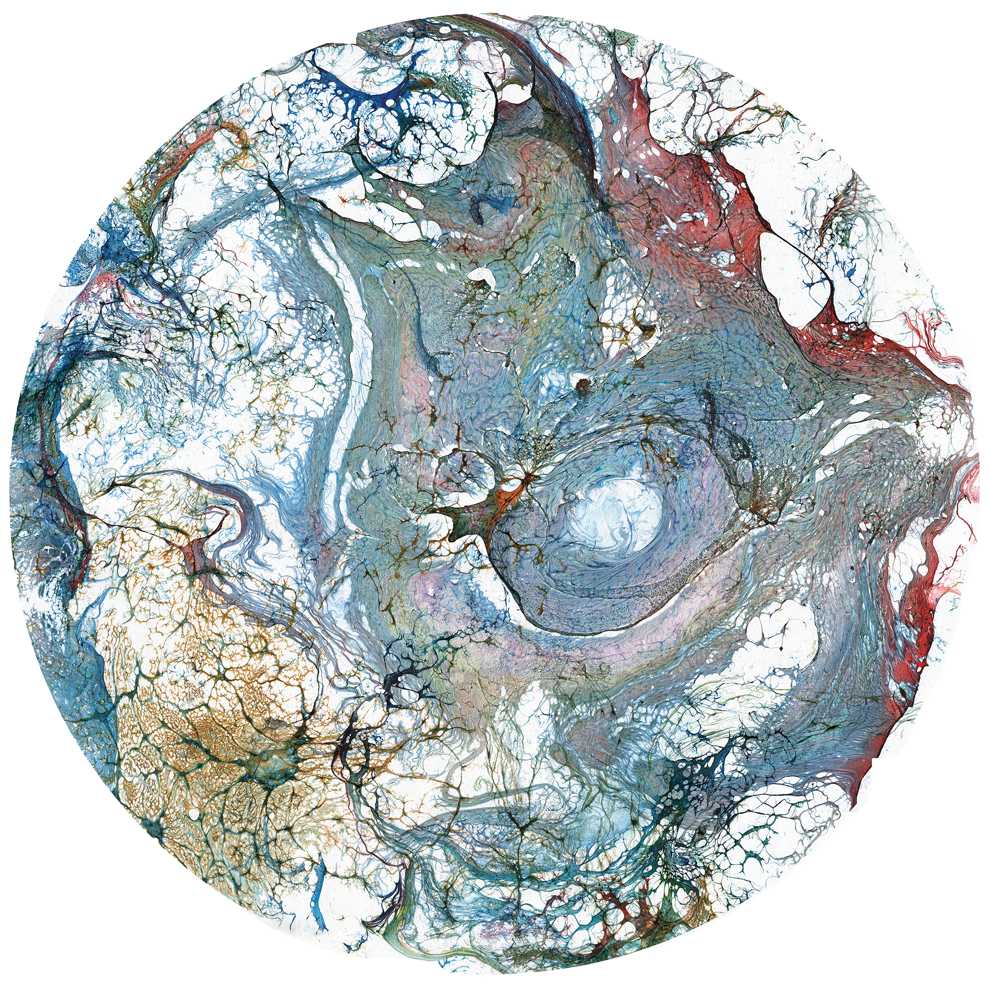A circular abstract painting resembling swirling water and organic shapes with blue, red, green, and brown colors.