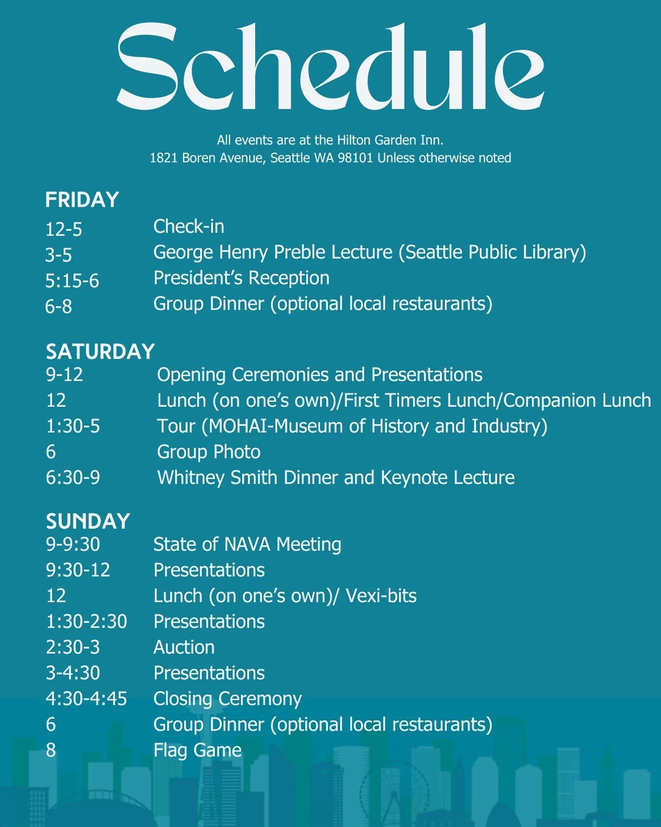 🗓️ Here&rsquo;s what&rsquo;s on deck for the NAVA 59 weekend!

Join us at the Hilton Garden Inn in Seattle for a jam-packed few days of lectures, presentations, tours, auctions, and community moments. 🌟

From the George Henry Preble Lecture to the 
