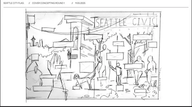 Seattle Civic Magazine is officially in motion 👀💙

Here&rsquo;s some behind the scenes magic featuring:
color mood boards, texture references, and our first round of cover sketching designed and illustrated by Julia Vreeman @pretty.hideous 

Think 