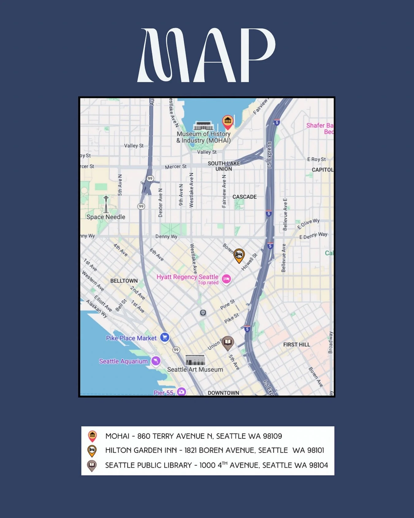 Getting around NAVA 59 just got easier!
Here are the key locations you&rsquo;ll want to know:

📍 MOHAI &mdash; 860 Terry Ave N, Seattle, WA 98109
📍 Hilton Garden Inn &mdash; 1821 Boren Ave, Seattle, WA 98101
📍 Seattle Public Library &mdash; 1000 4