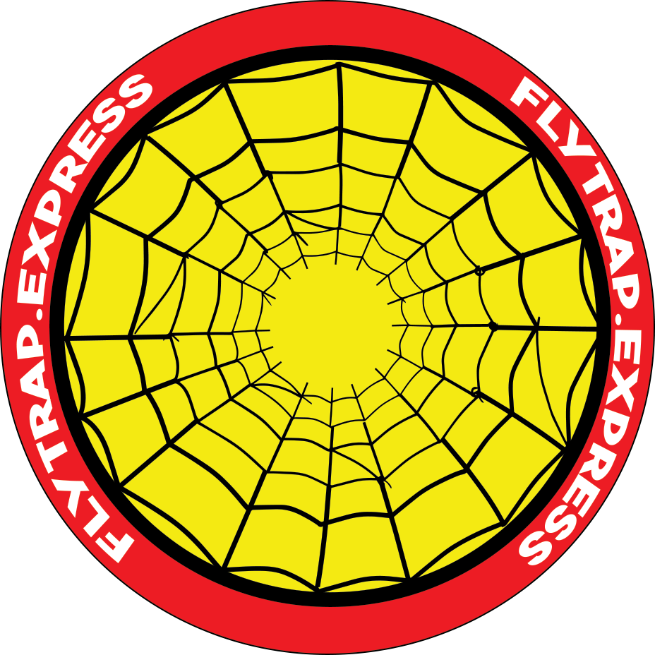 A circular logo with a yellow spider web inside, surrounded by a red border with the words "FLY TRAP. EXPRES" repeated around the edge.