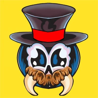 Cartoon skull with large eyes, a mustache, and tusks wearing a black top hat with a red band, against a bright yellow background.