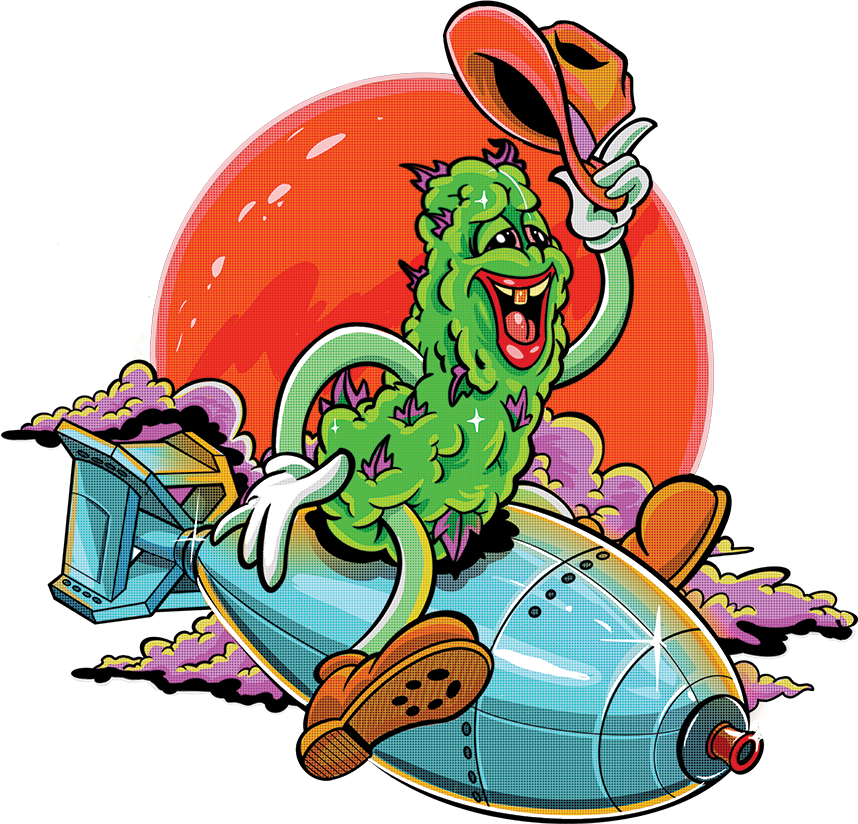 a weed bud  riding a bomb like a cowboy  falling in front of clouds and the sun