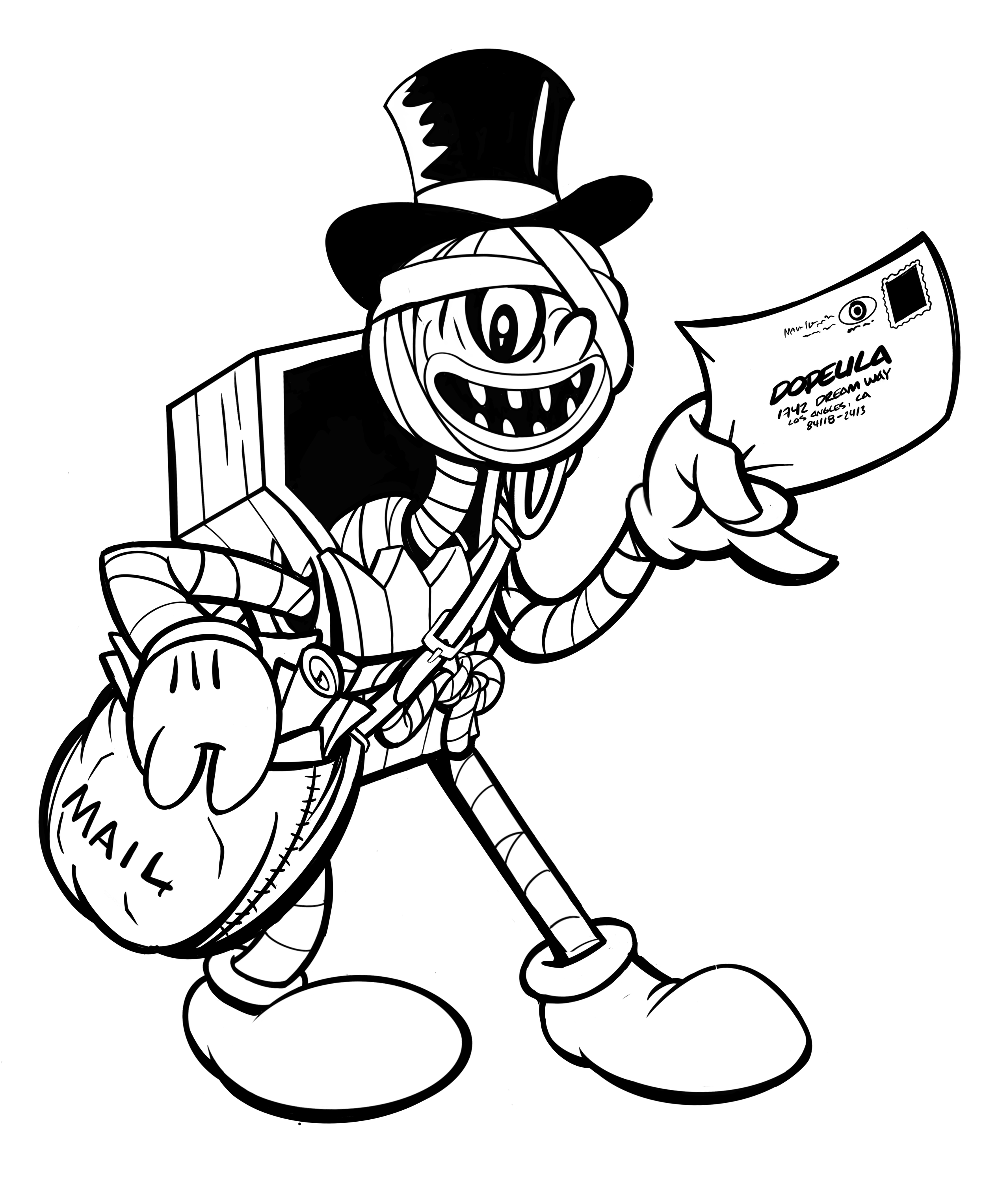 A black and white cartoon character with a big eye, a wide toothy smile, and striped limbs, dressed as a Mailman, holding an envelope and a mailbag labeled 'MAIL'.
