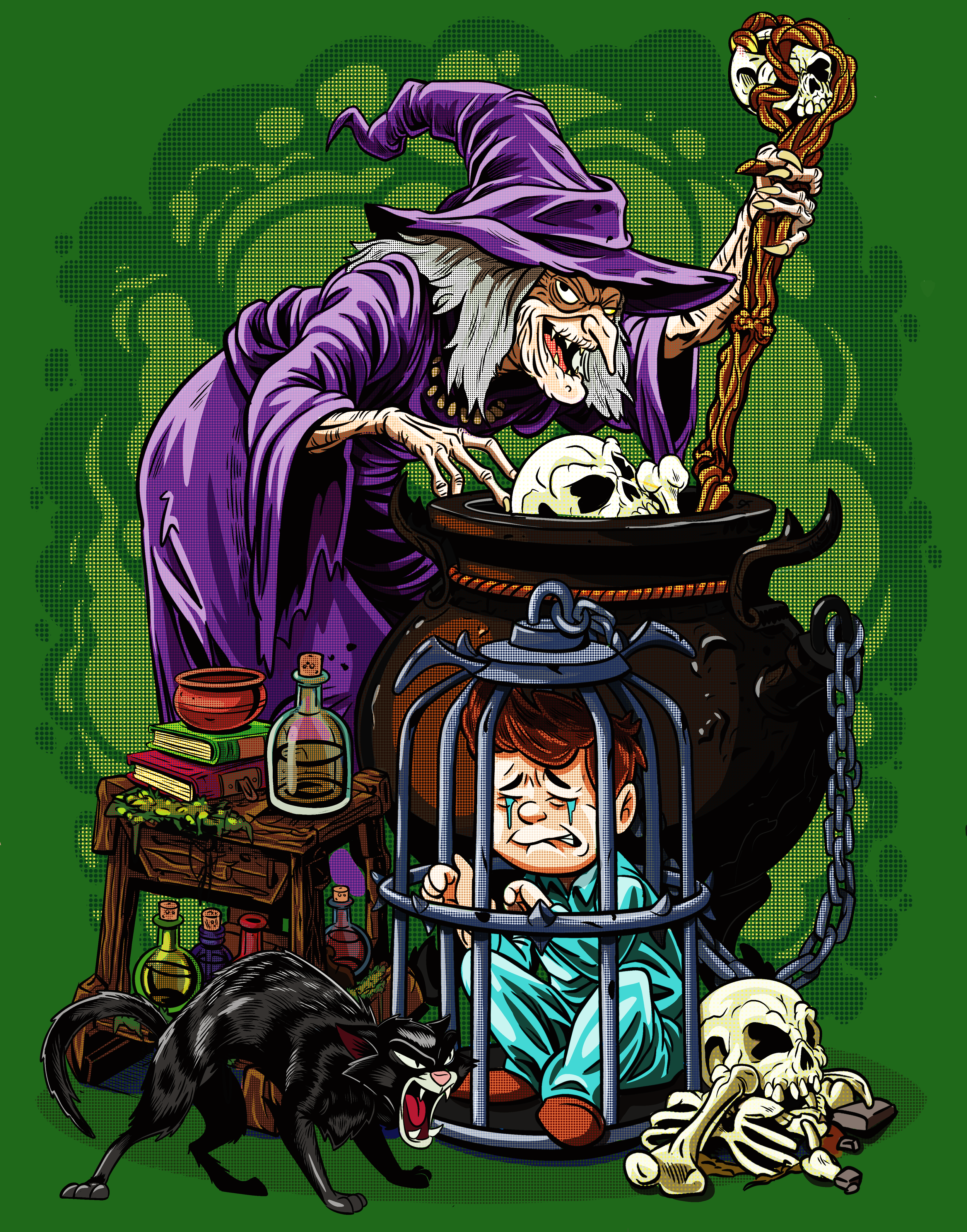 A cartoon illustration of a witch with white hair, a long nose, and a purple hat stirring a cauldron filled with skulls and green smoke. A young boy is trapped inside a cage, crying. A black cat is snarling at the boy, and a skeleton pokes out of the