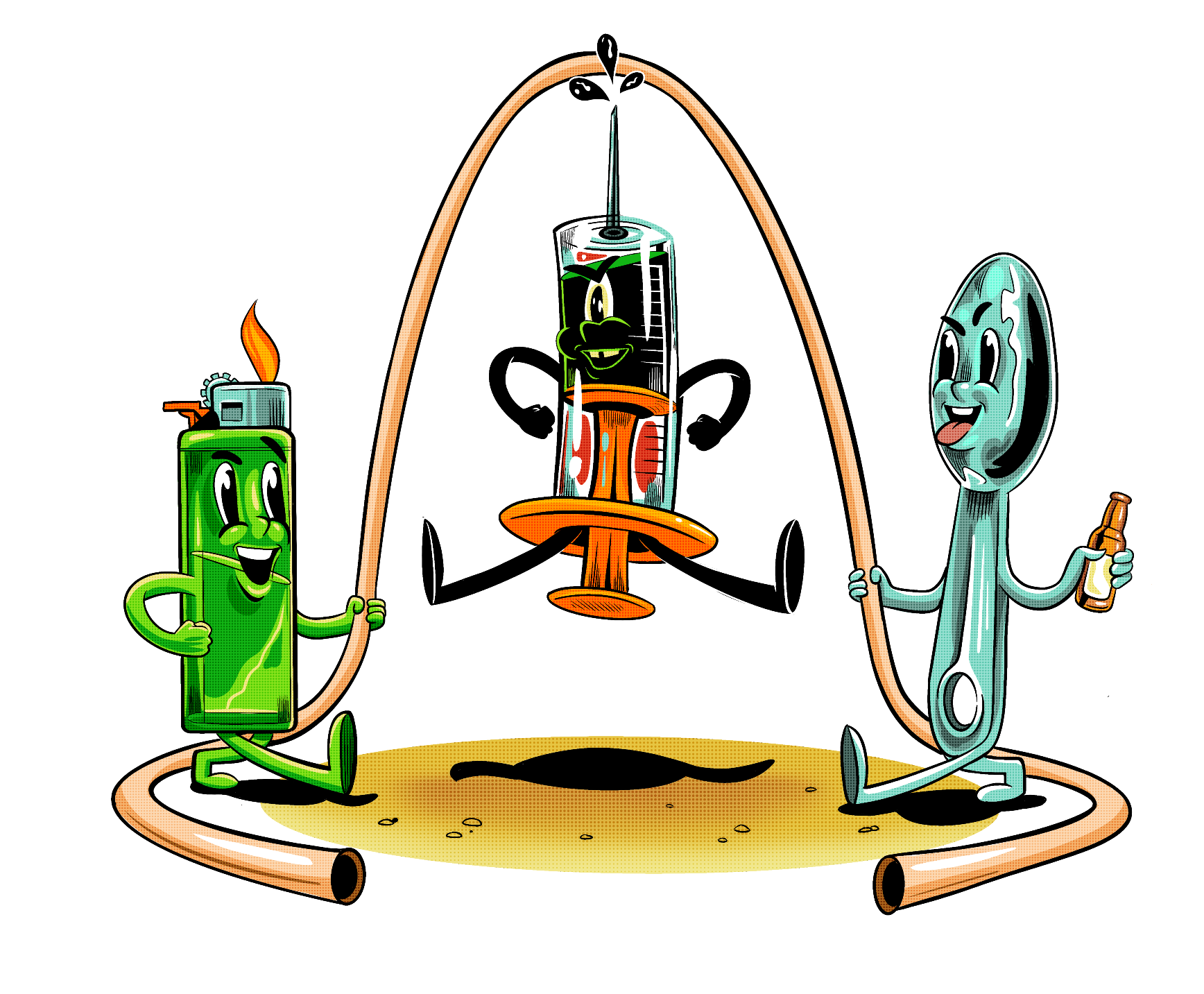 Dark cartoon of heroin paraphernalia — lighter, spoon, and syringe — jump roping together, part of the Dopeula Devils Playground series.