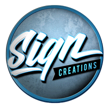 Circular logo with the word 'Sign' in large white script and 'Creations' in smaller black text on a blue background.