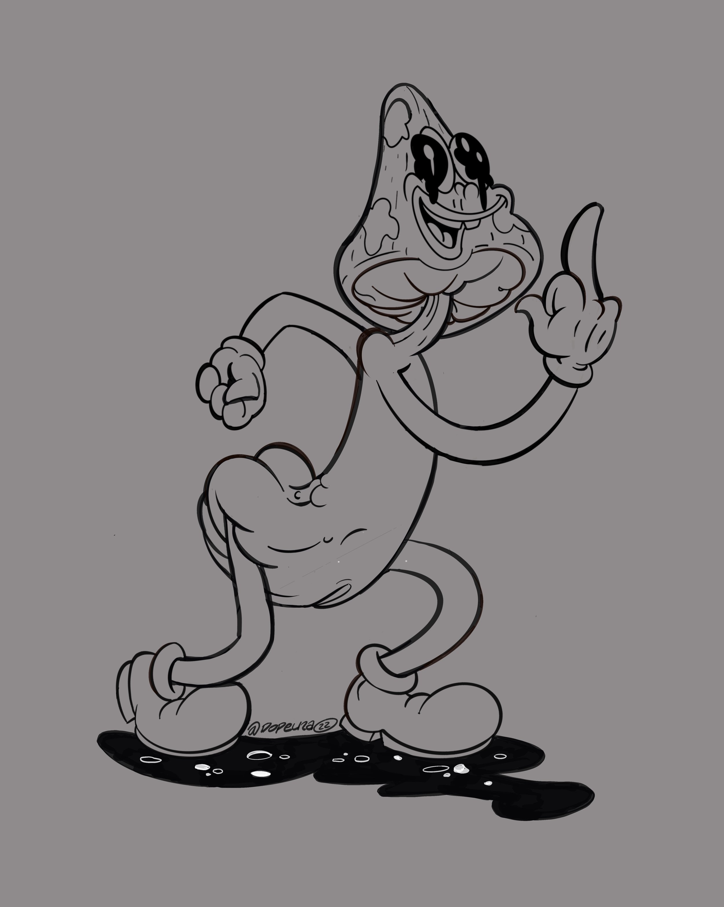 cartoon mushroom man flipping the bird with a big smile