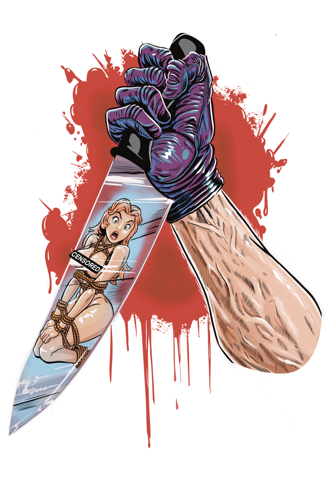 A hand wearing a purple glove holds a large spoon with a cartoon girl tied up in rope, looking shocked, inside a glass tube with the word "CENSORED" on her mouth.