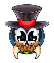 Cartoon skull with a top hat, mustache, and beard, smiling with big eyes.