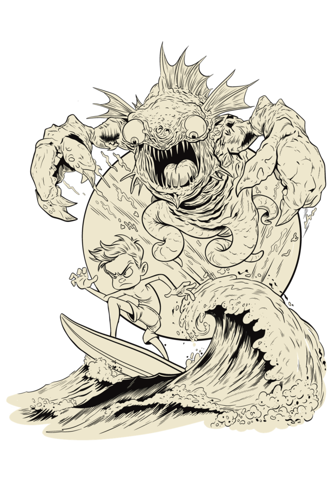 child riding a surfboard on large waves being chased by a monster