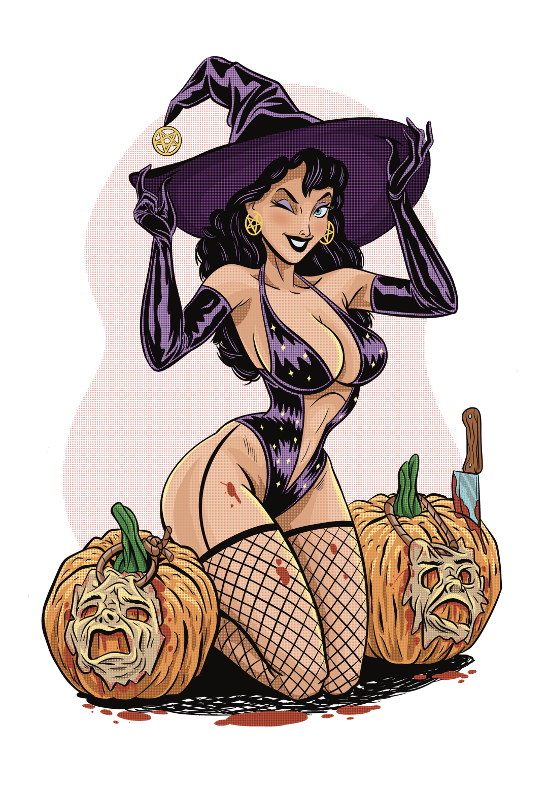 A cartoon-style witch with black hair, wearing a revealing purple and black outfit with fishnet stockings and a large purple hat, is kneeling between two carved pumpkins with creepy faces, one with a knife stuck in it. The background features a pinkish circle and some empty panels.