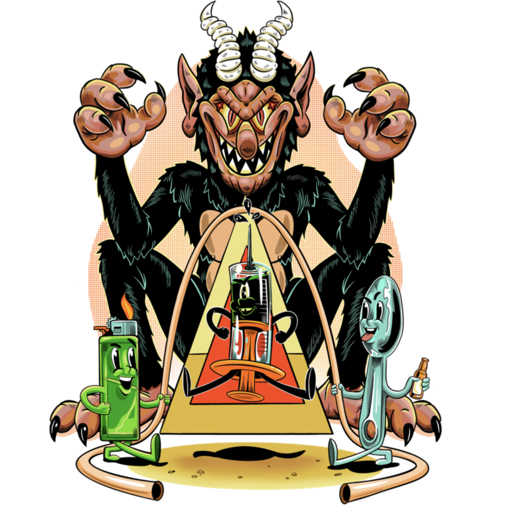 Surreal cartoon illustration with bright colors and exaggerated characters exploring altered perception and dark humor