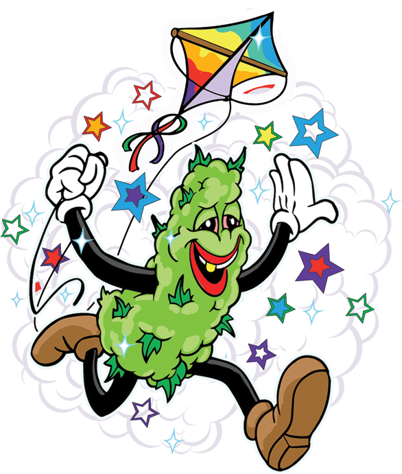cartoon weed guy is flying as high as his kite