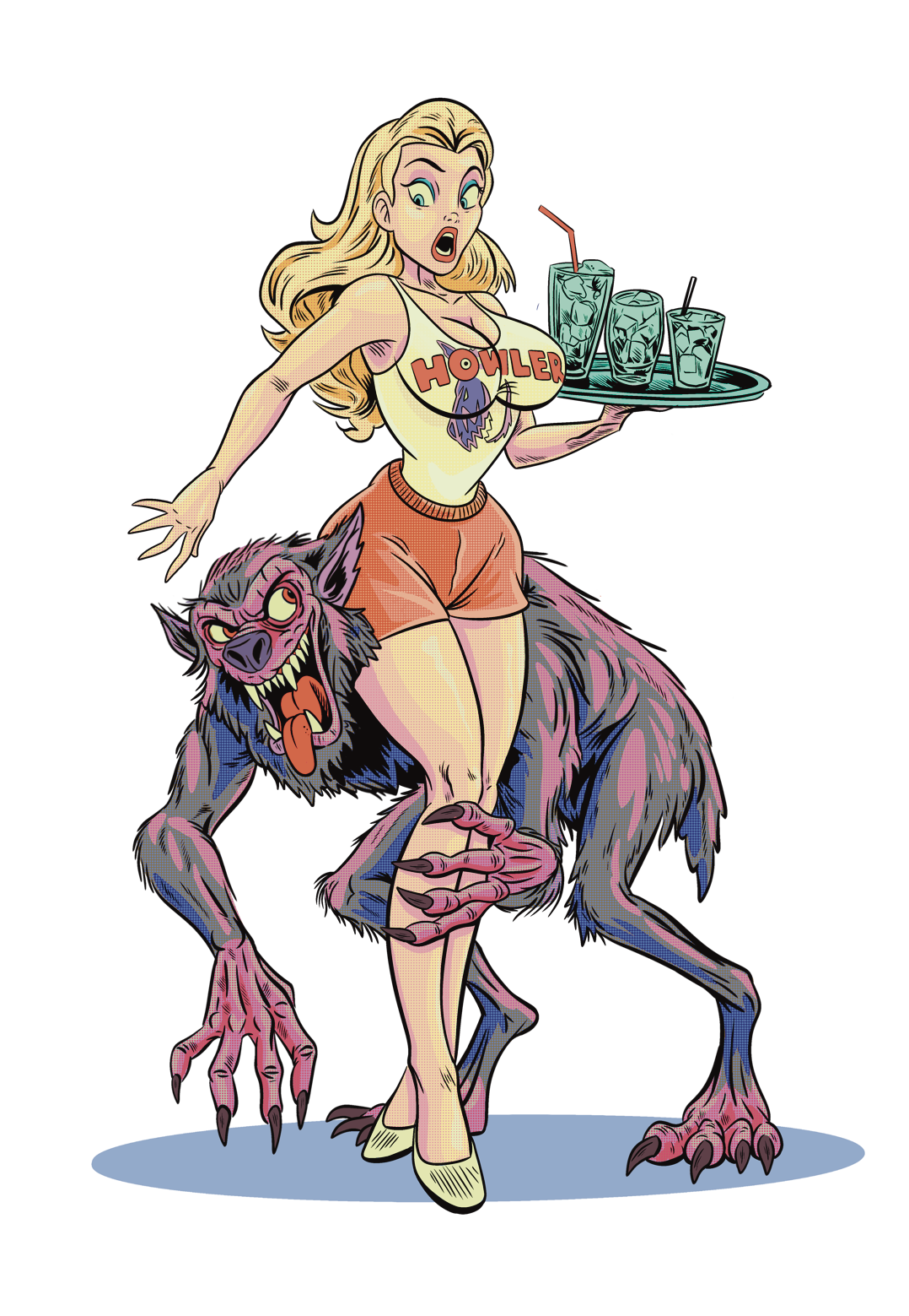 A comic-style illustration of a woman with blonde hair holding a tray with four glasses of drinks, standing next to a large werewolf with purple and gray fur. The woman is wearing a tank top with the word 'HOUILER' and a graphic, pink shorts, and yellow shoes. The werewolf has sharp claws, teeth, and a menacing expression.