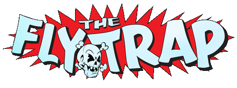 Logo for 'The Flytrap' featuring bold, stylized text with a an animated skull