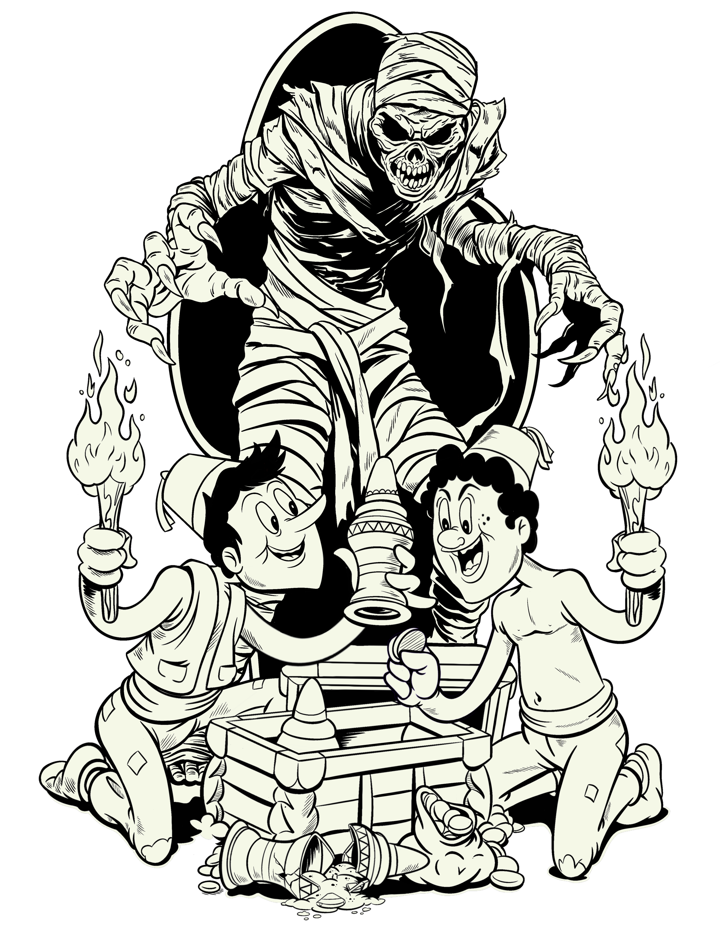 Black and white cartoon illustration of two children celebrating with a mythical genie emerging from a lamp, with a mummy-like creature in the background, surrounded by treasure, coins, and torches.