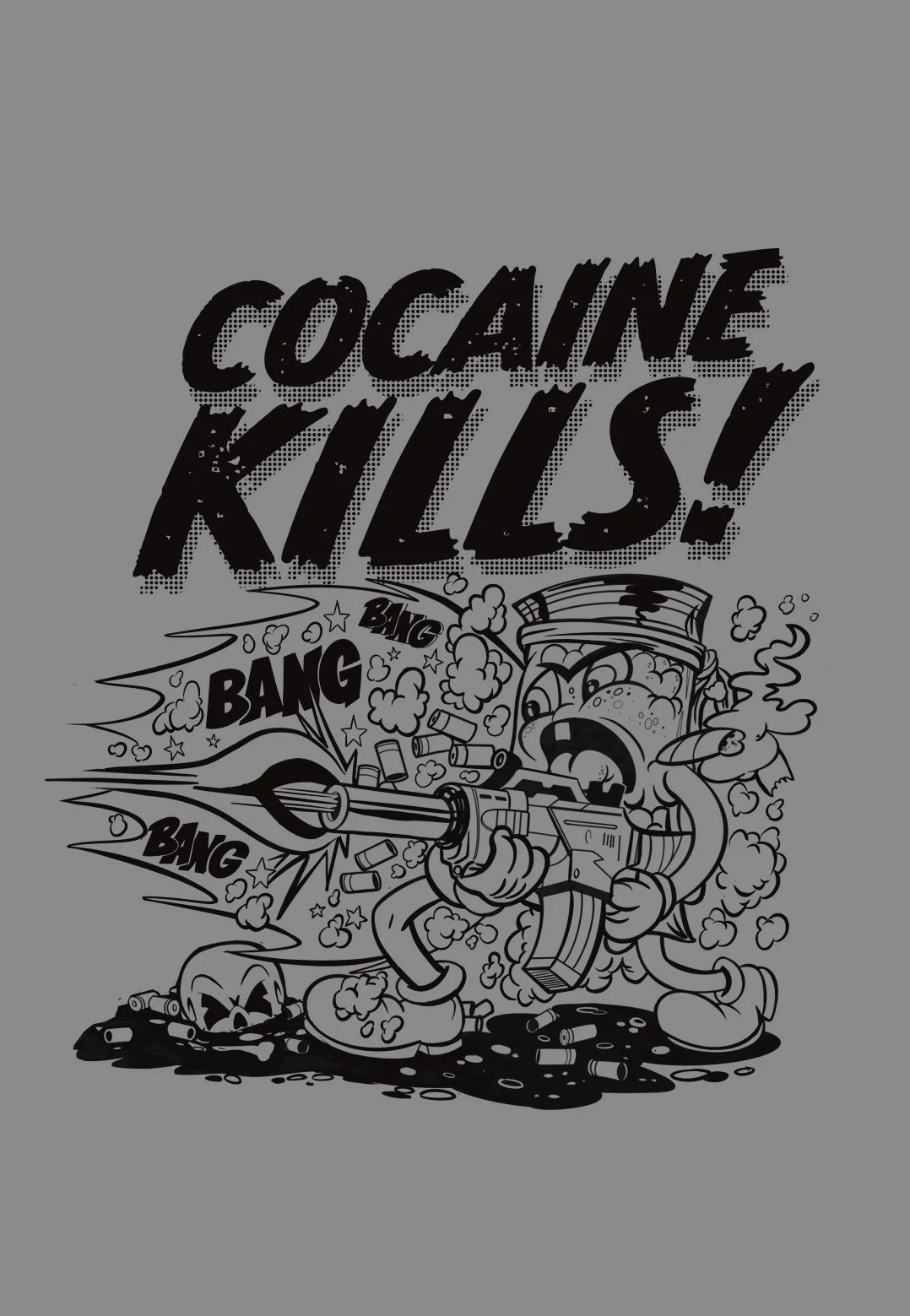 cocain cartoon firing a machine gun with a caption that says cocaine kills!