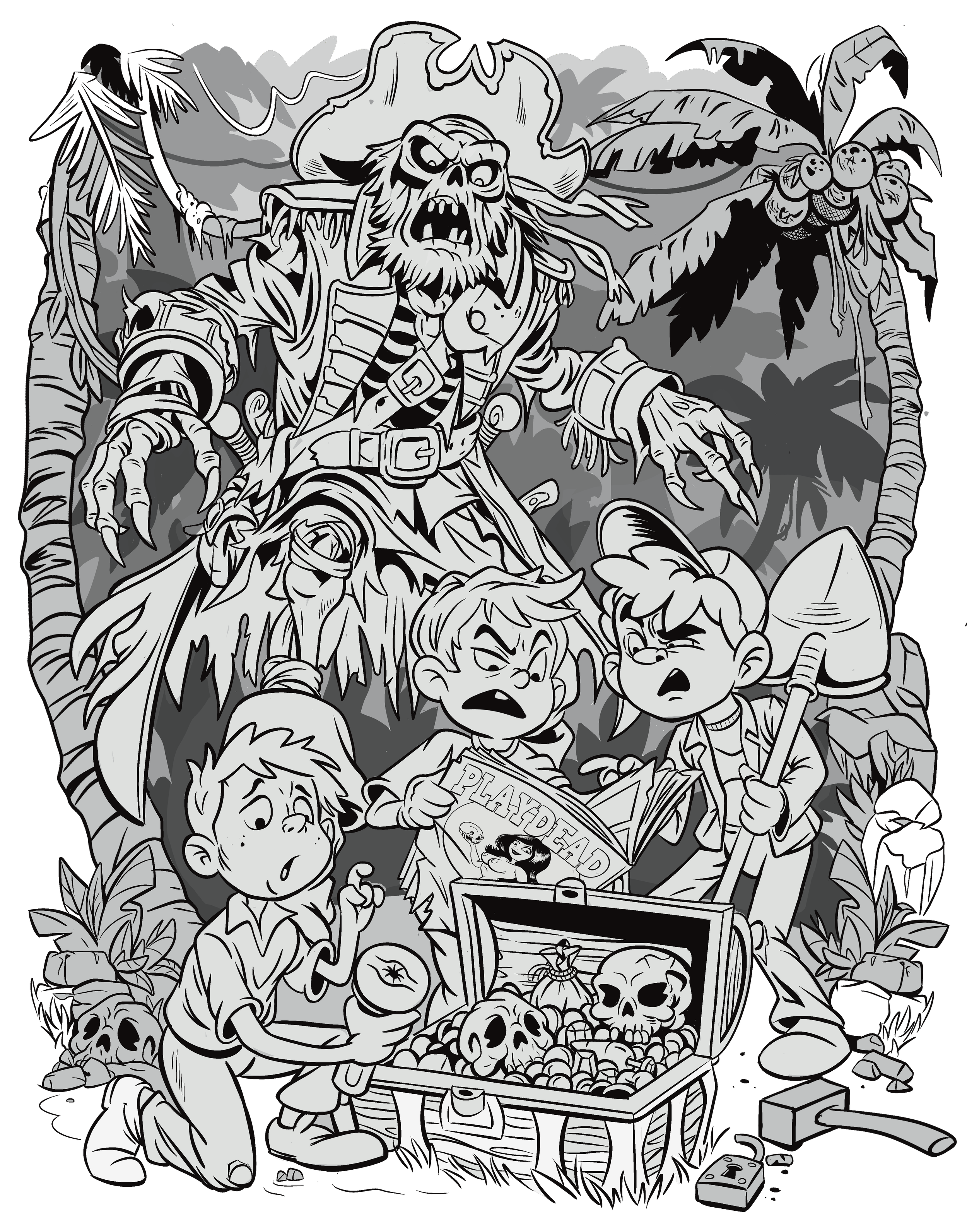 Black and white illustration of children exploring a haunted jungle with a pirate treasure chest containing skulls and gold, and a menacing zombie pirate with missing eyes, ragged clothes, and a hat, surrounded by dense foliage and trees.