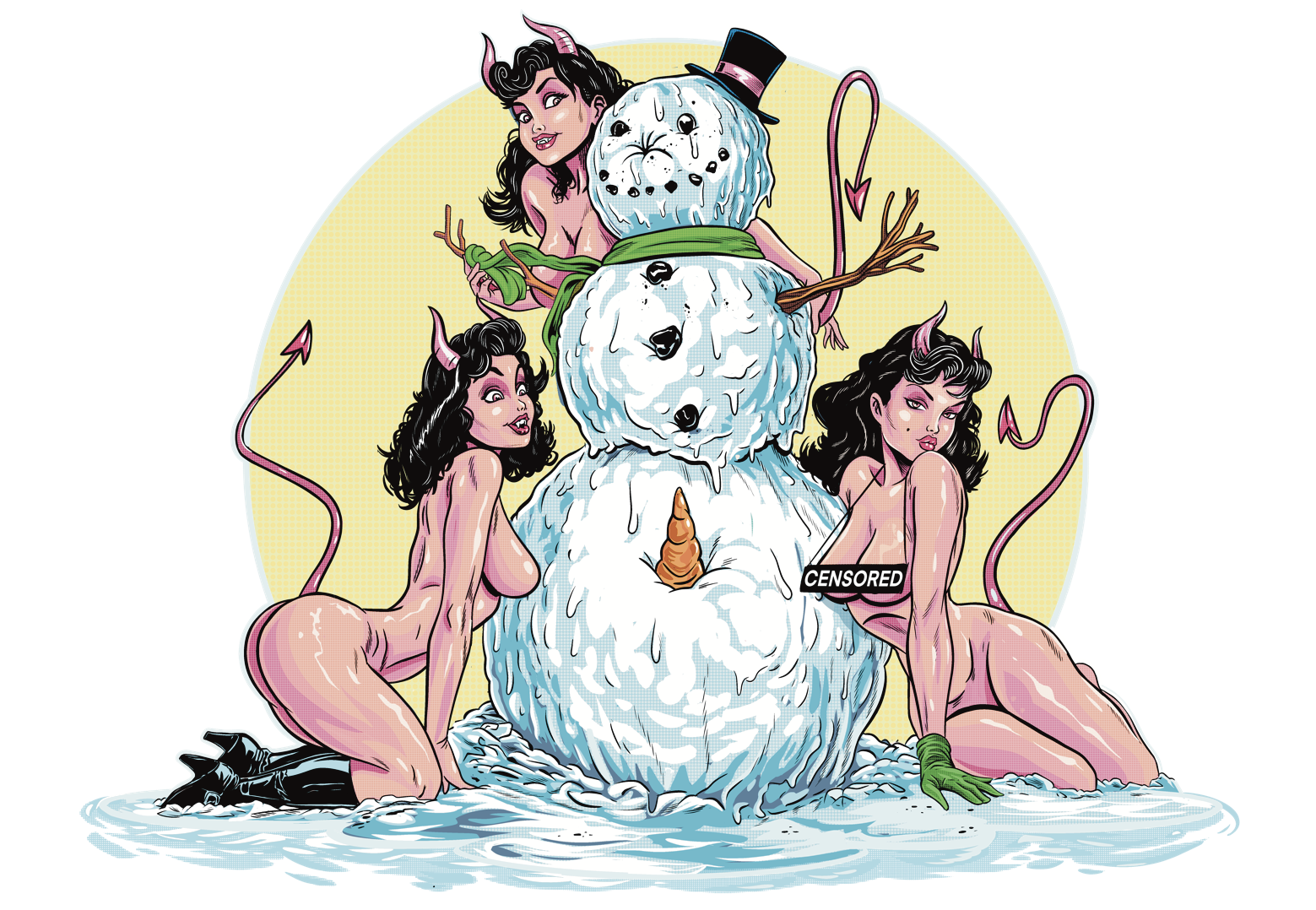 Comic-style illustration of a snowman with three sections, each with a woman's face and devil horns, and a carrot nose. The snowman is melting, with dripping snow. Four women with devil horns and long black hair are positioned around it: one leaning on the snowman's bottom, two on either side, both topless with censored labels covering their chests, and one at the top holding a spray bottle, dressed as a devil with a green tail, horns, and lace-up shoes. Pink devil tails are visible on two women, and a pink whip is hanging from one's hand.