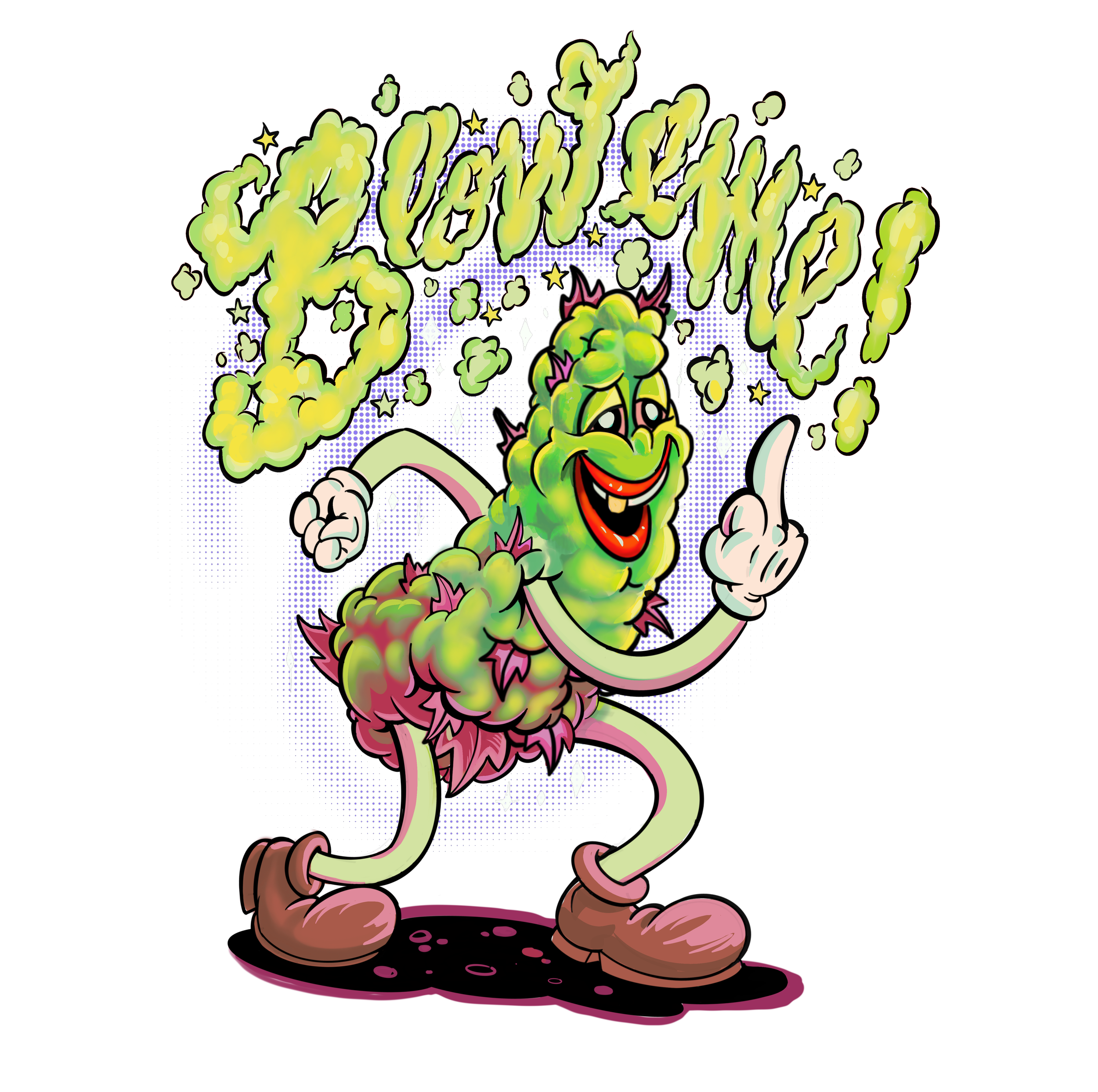 a lowbrow cartoon of a weed man flipping the bird 