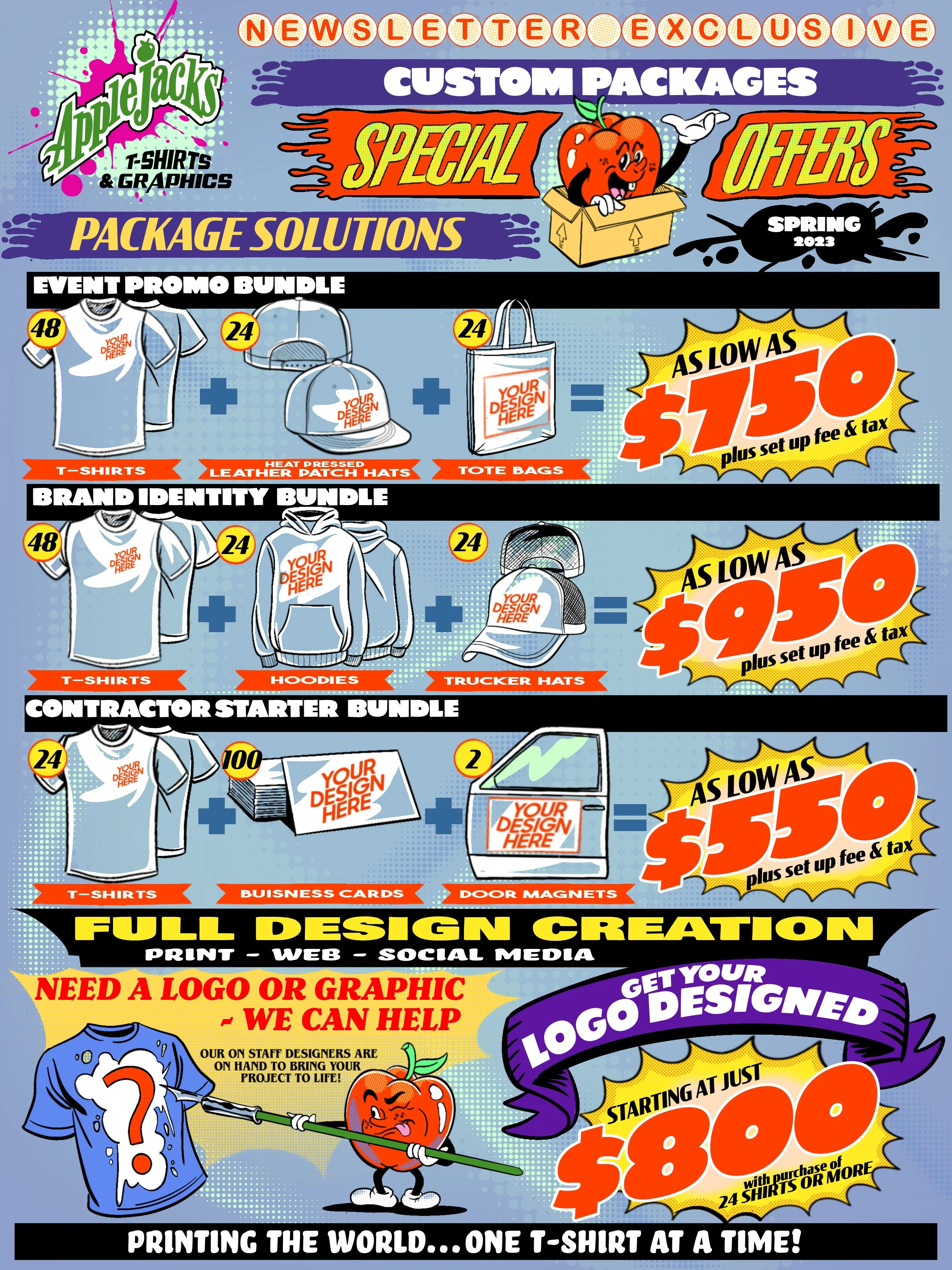 An infographic titled 'Promoting your business or organization can be frustrating' with sections about custom T-shirt advertising, fun facts about shirts, promotional products, global promotional items, the future of branding, and colorful, cartoonish graphics including a smiling tomato and a magnet attracting a tomato.