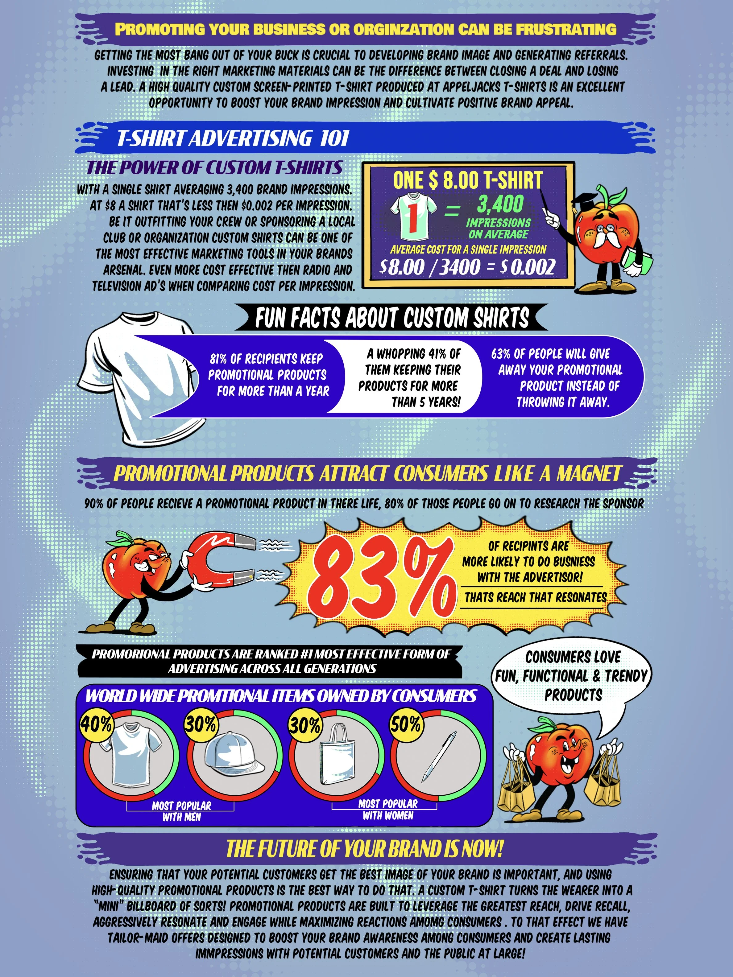 A colorful promotional flyer for Applejack's custom package offers, featuring various bundles of T-shirts, hats, hoodies, business cards, and door magnets, with prices starting at $5.50. It highlights custom design services for logos and graphics, and includes playful cartoon apples and clothing illustrations.