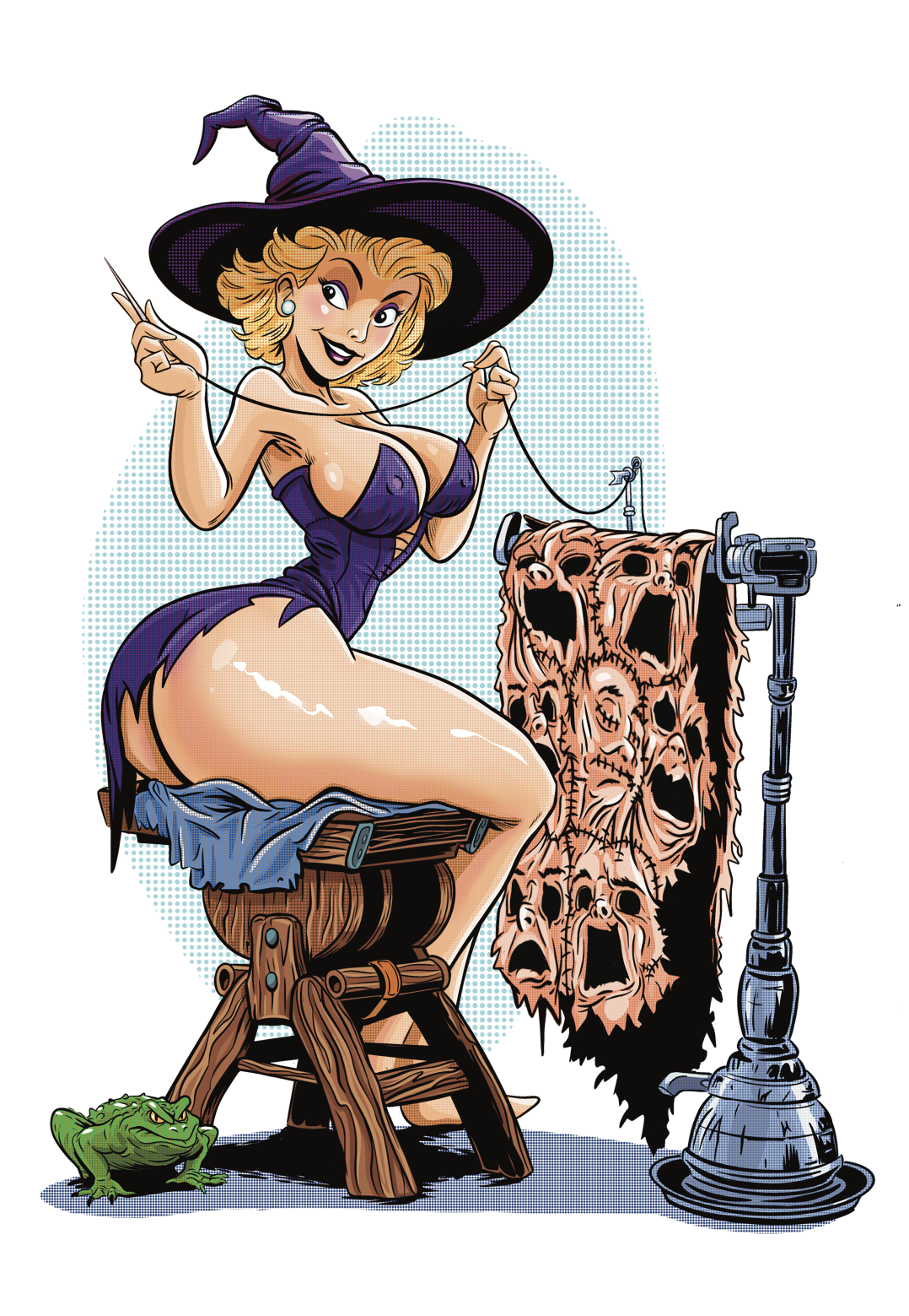A cartoon witch with blonde hair, purple dress, and hat, sitting on a wooden stool and holding a string, next to a machine with multiple screaming skulls and a small green frog at her feet.