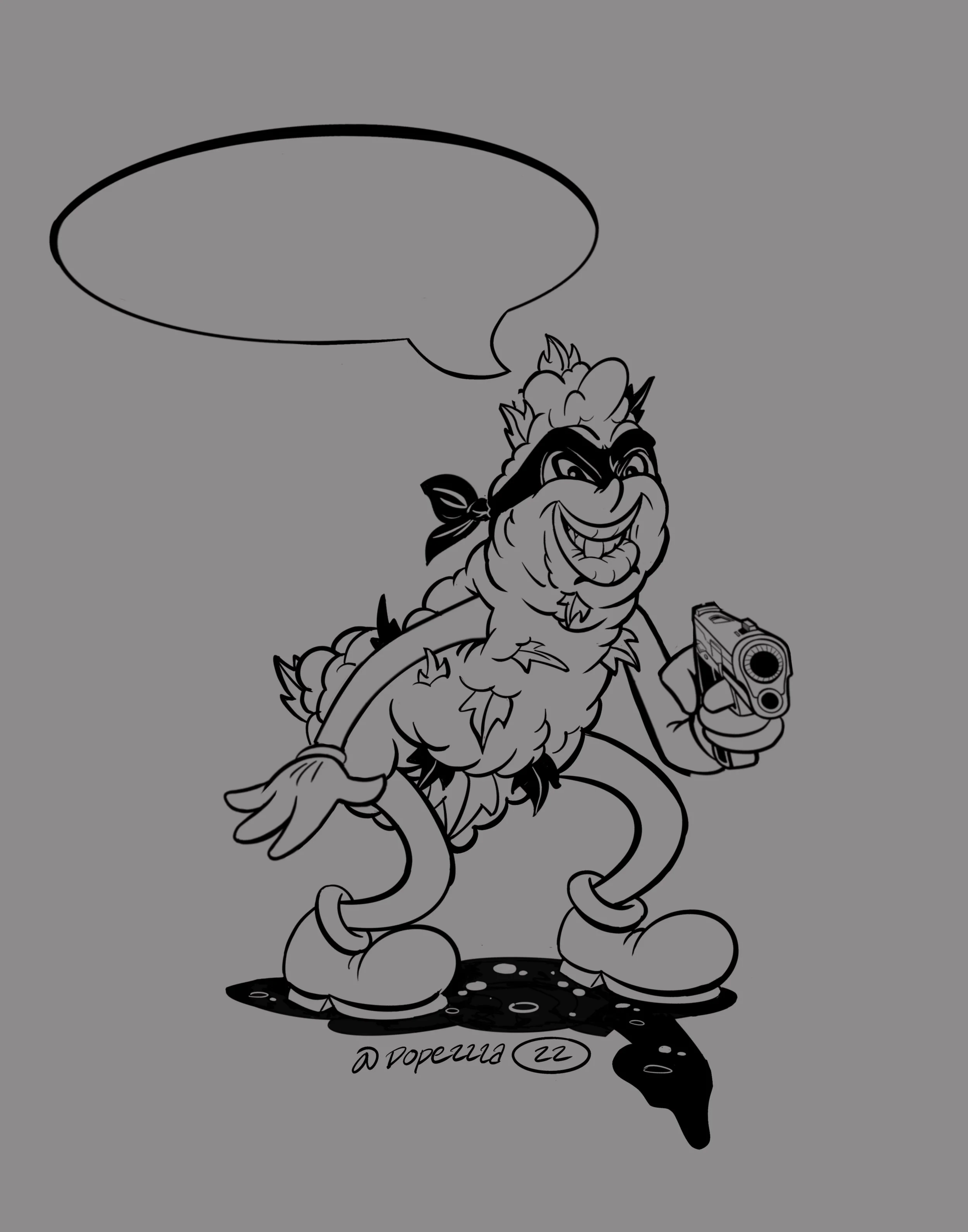 cartoon weed man holding a gun wearing a  mask