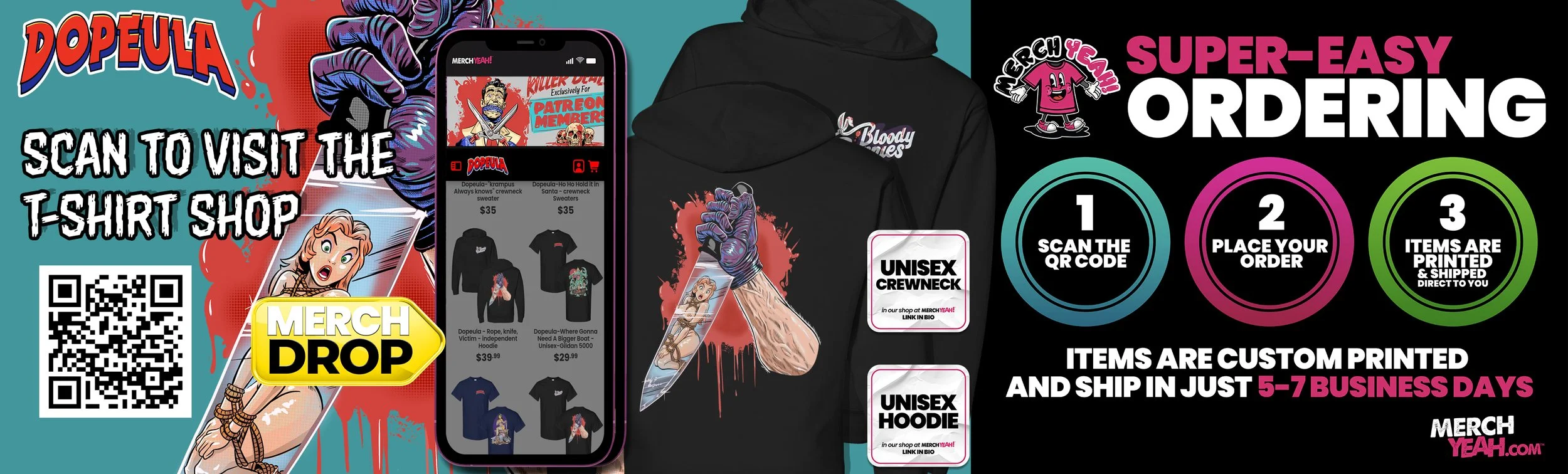 Dopeula t-shirt shop banner with QR code linking to the online store