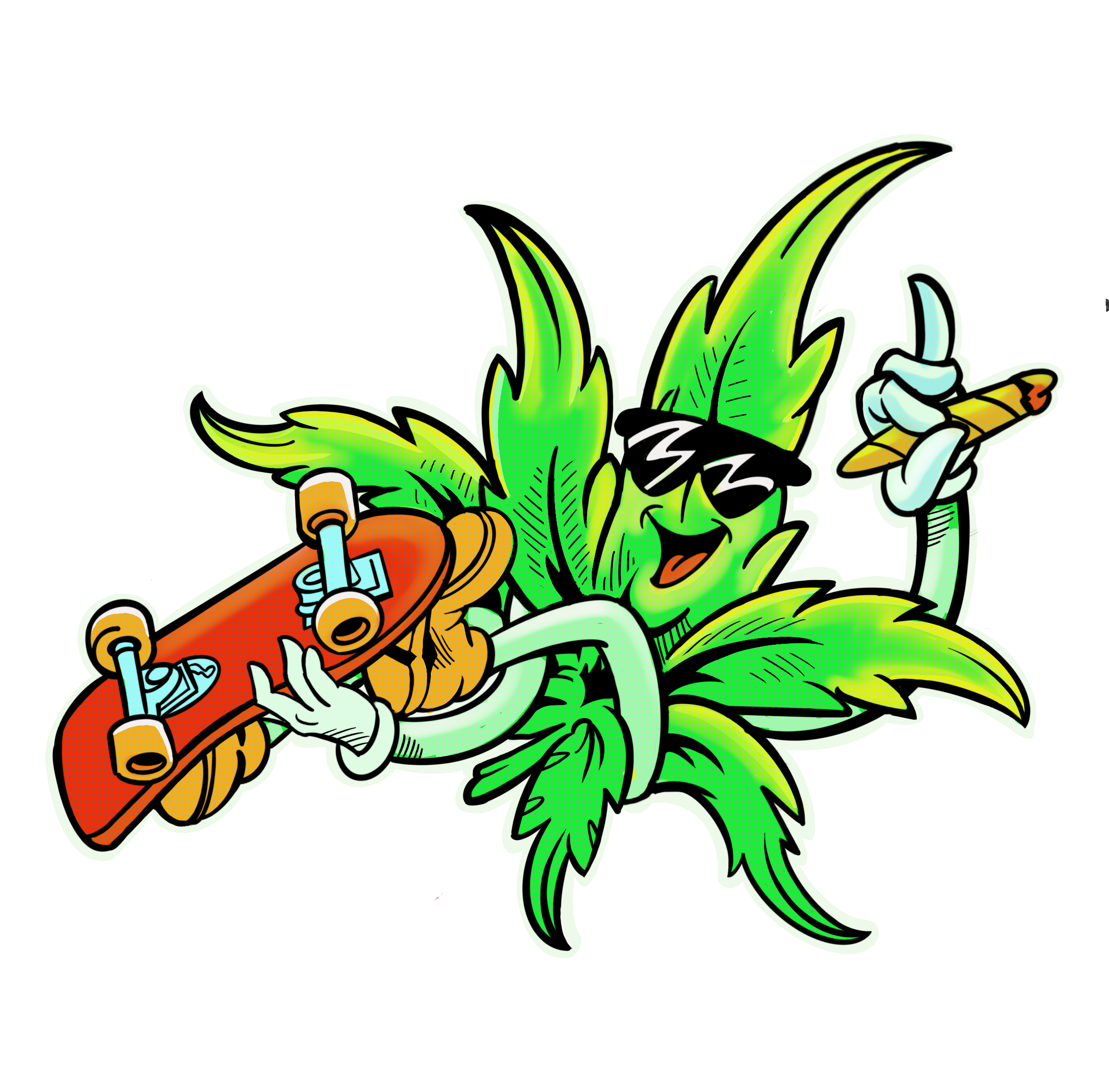 Cartoon marijuana leaf with sunglasses, holding a skateboard and a joint, smiling