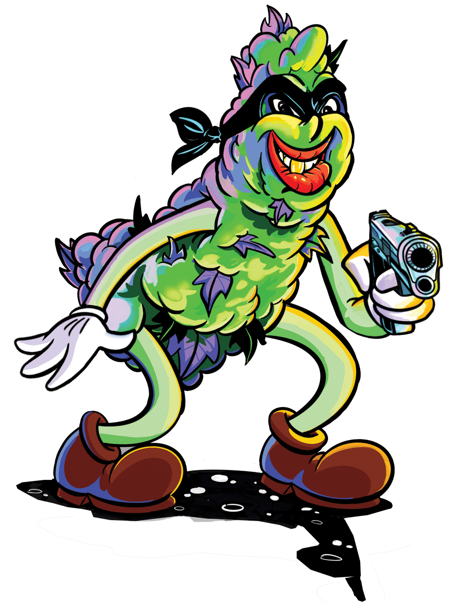 cartoon parady of a weed man in an outlaw mask pointing a gun