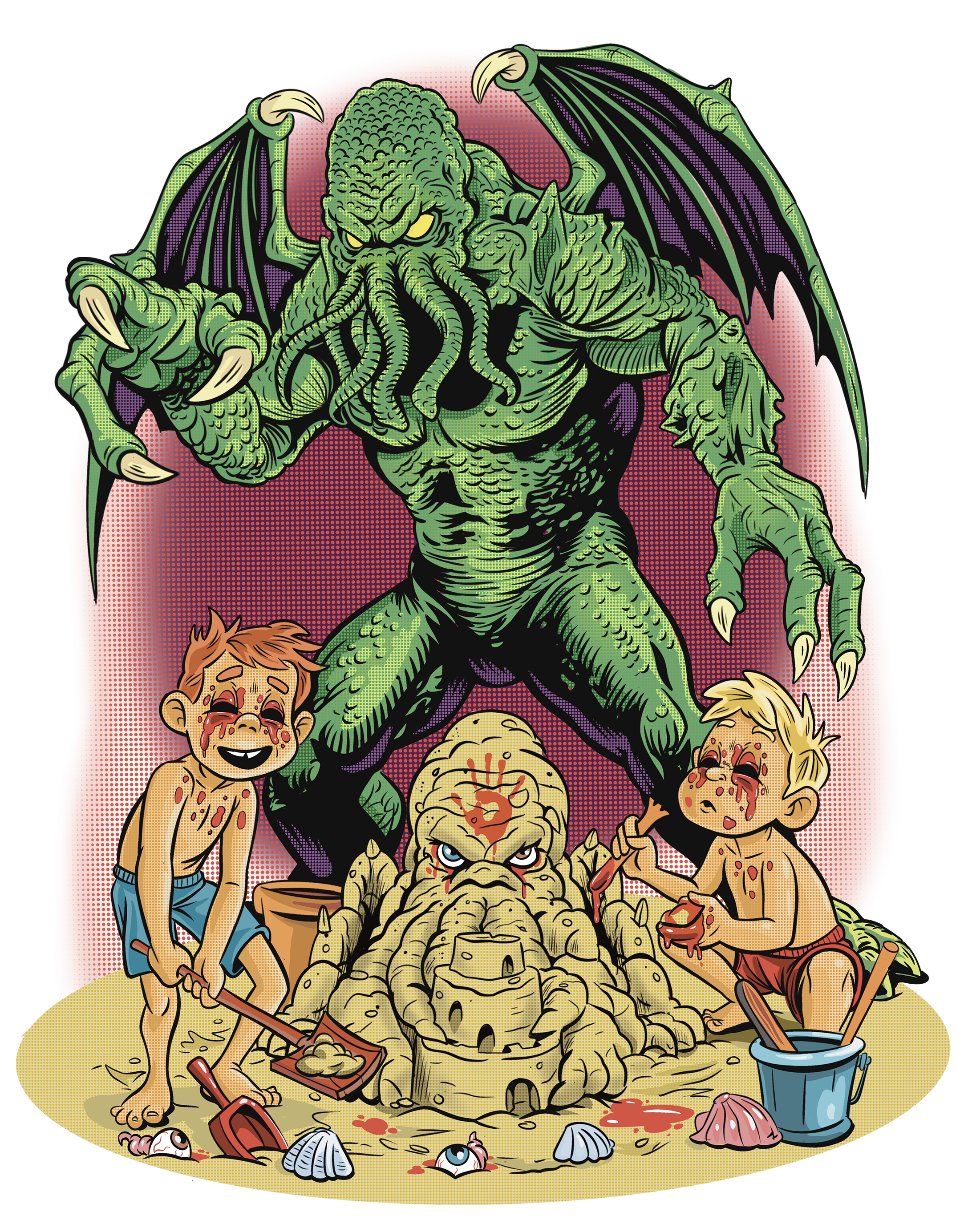 A giant, green, monster with tentacle-like face, wings, and claws towers over two children in bathing suits, who are crying and covered in mud and blood, near a sandcastle with a fierce expression, surrounded by shells and eyeballs.