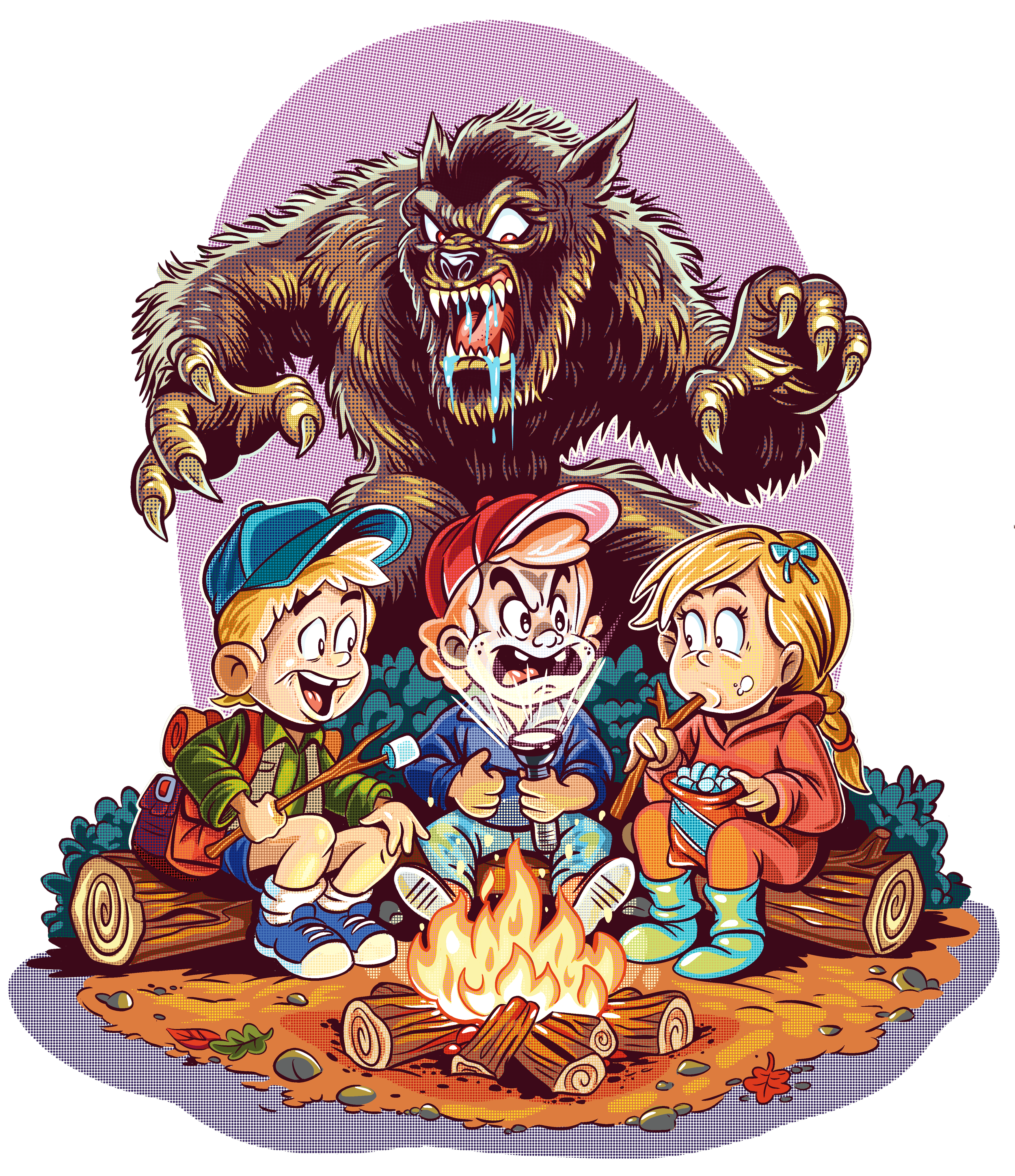 Cute horror illustration showing a child and a hidden monster using playful character design and soft tension