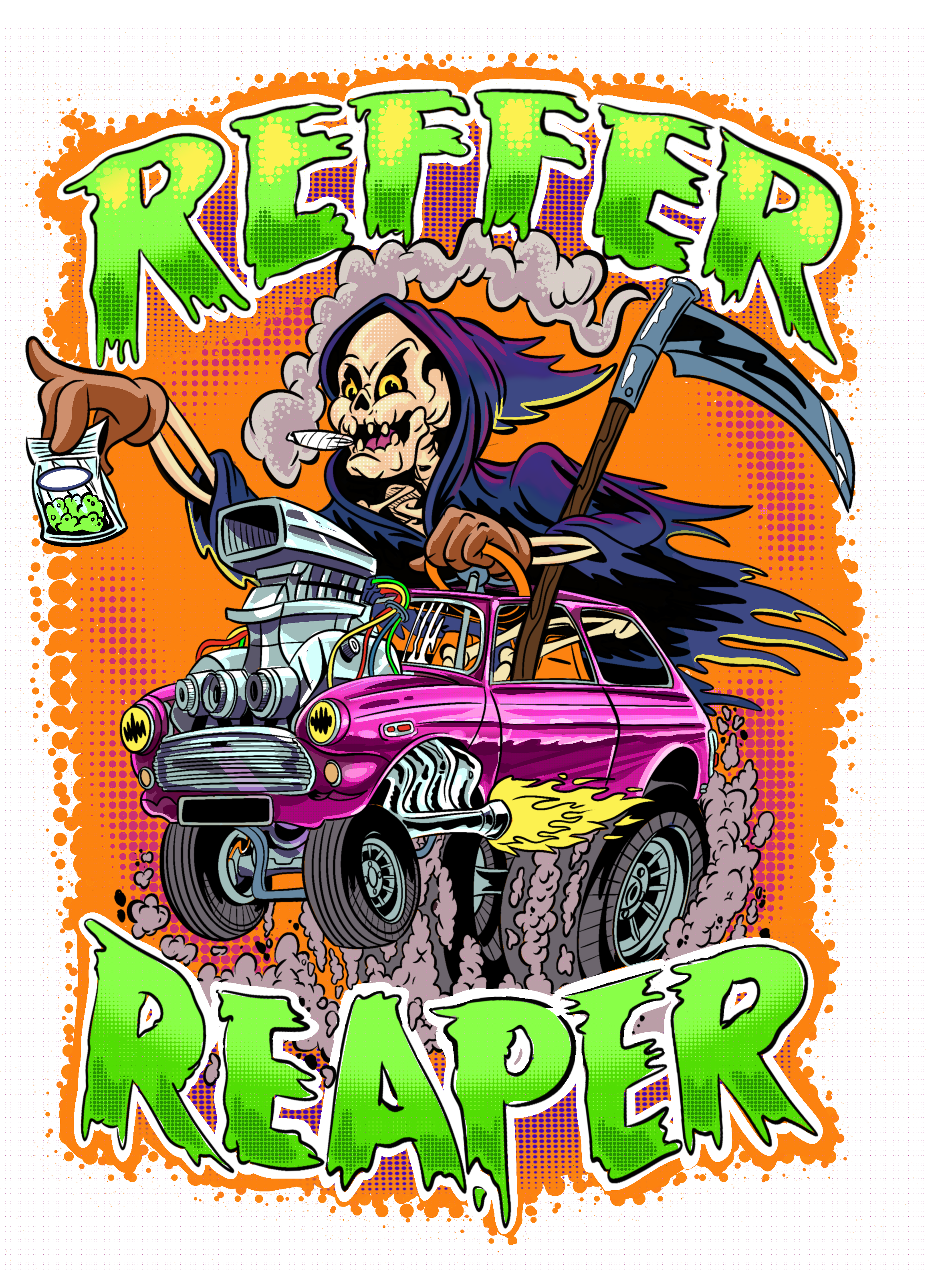the grim reaper smoking a dodbie in a rat fink style car
