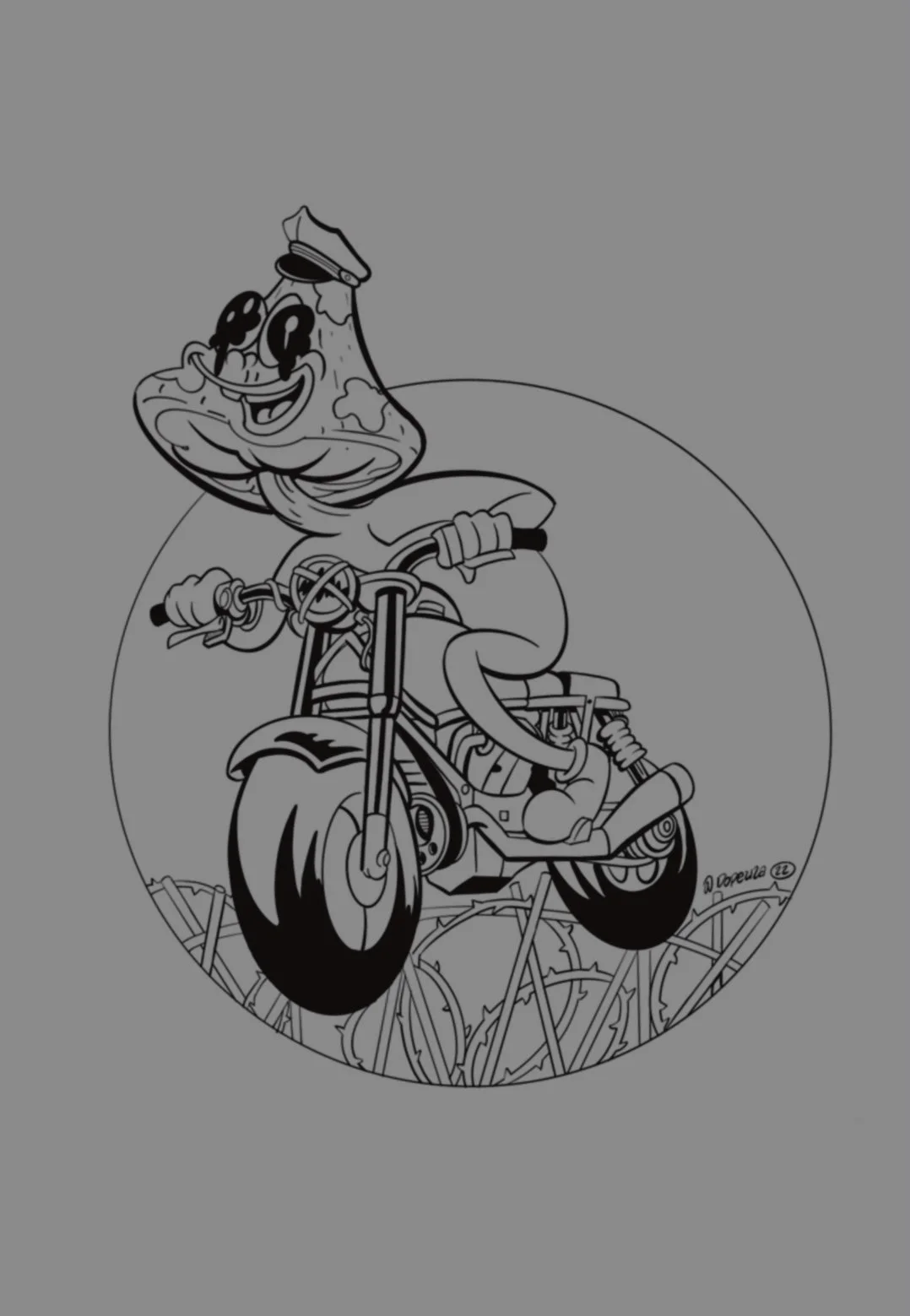 a mushroom man fly high over a barbwire fence making a great escape