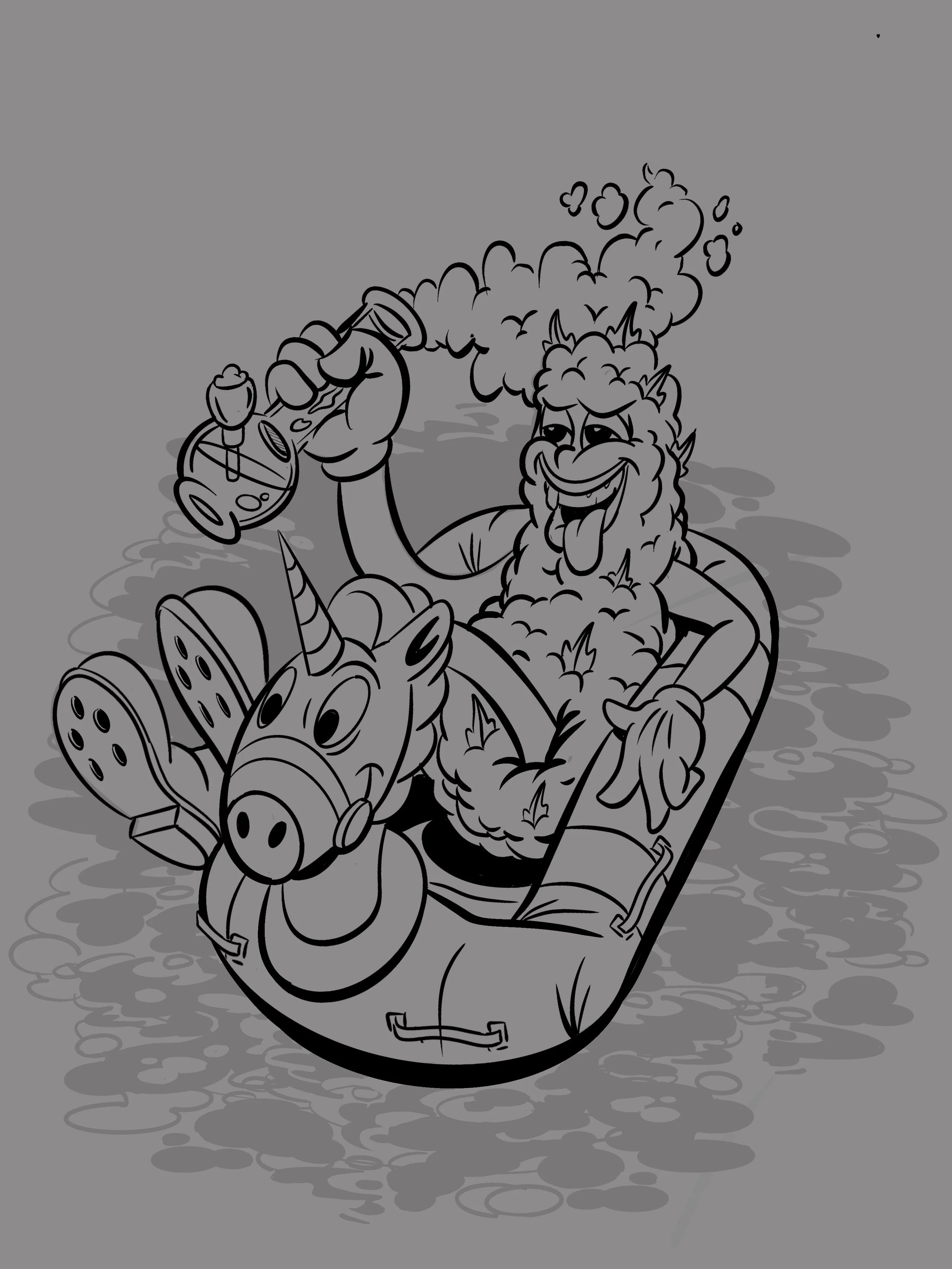 cartoon weed man smoking from a water pipe  and relaxing in the water on a inflatable unicorn
