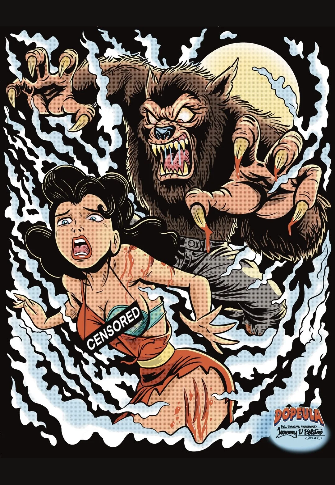 A comic-style illustration of a werewolf attacking a young woman with long dark hair. The woman is screaming, wearing a censored top and torn dress, and appears to be in distress. The werewolf has sharp claws, fangs, and an angry expression, with a full moon in the background. The scene is intense and dramatic, with swirling dark and light colors emphasizing the chaos.