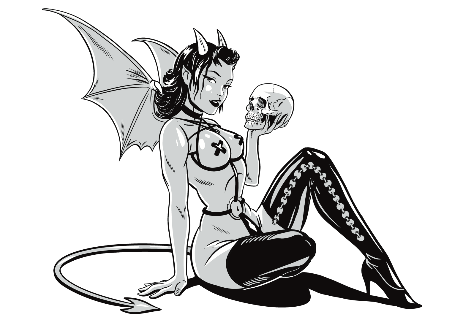 Black and white illustration of a female devil with horns, bat wings, a tail, and heart-shaped breasts, sitting with one knee up, holding a skull in her right hand, wearing thigh-high boots, fishnet stockings, and a harness.