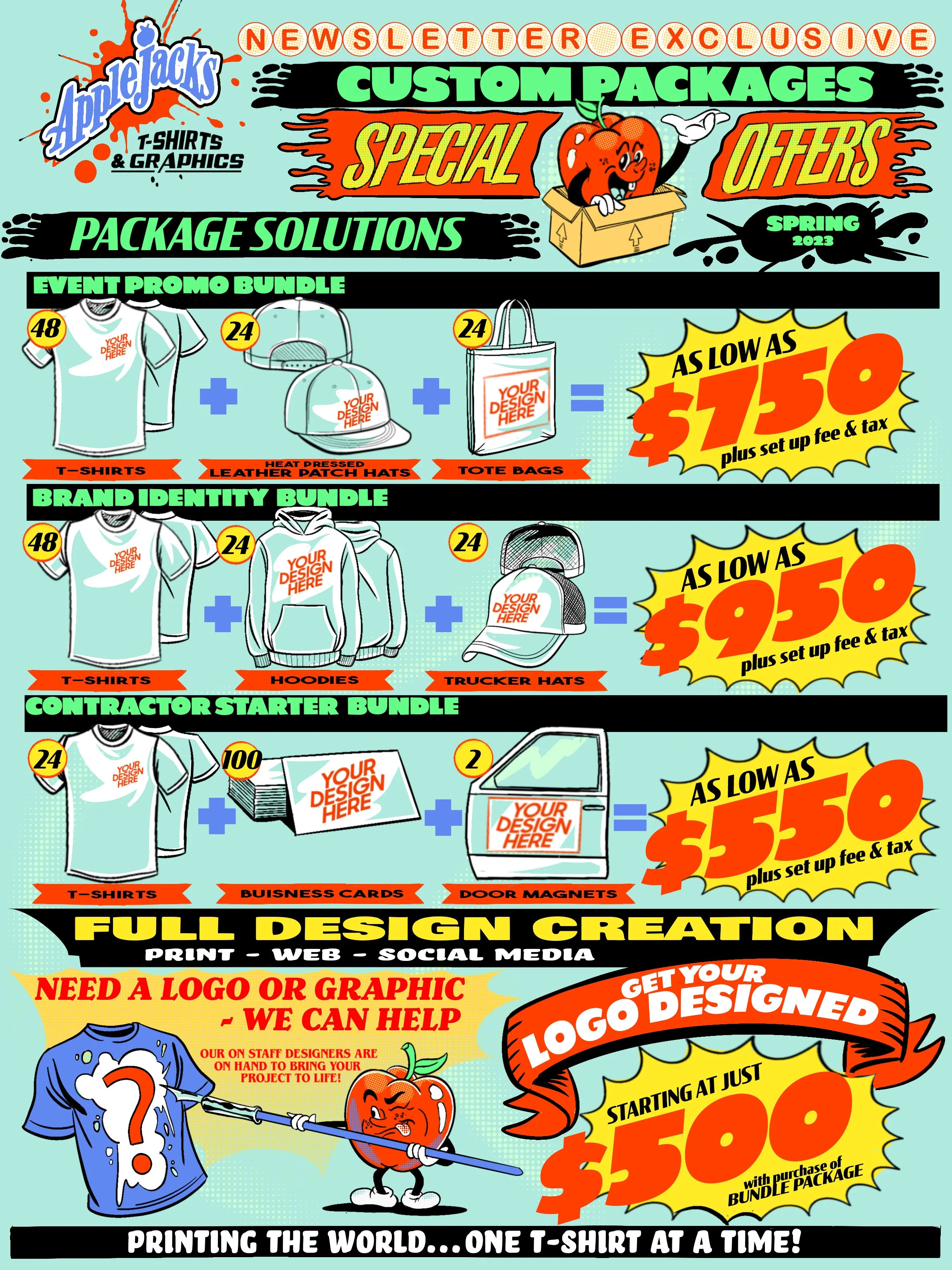 A colorful promotional flyer for Applejack's custom package offers, featuring various bundles of T-shirts, hats, hoodies, business cards, and door magnets, with prices starting at $5.50. It highlights custom design services for logos and graphics, and includes playful cartoon apples and clothing illustrations.