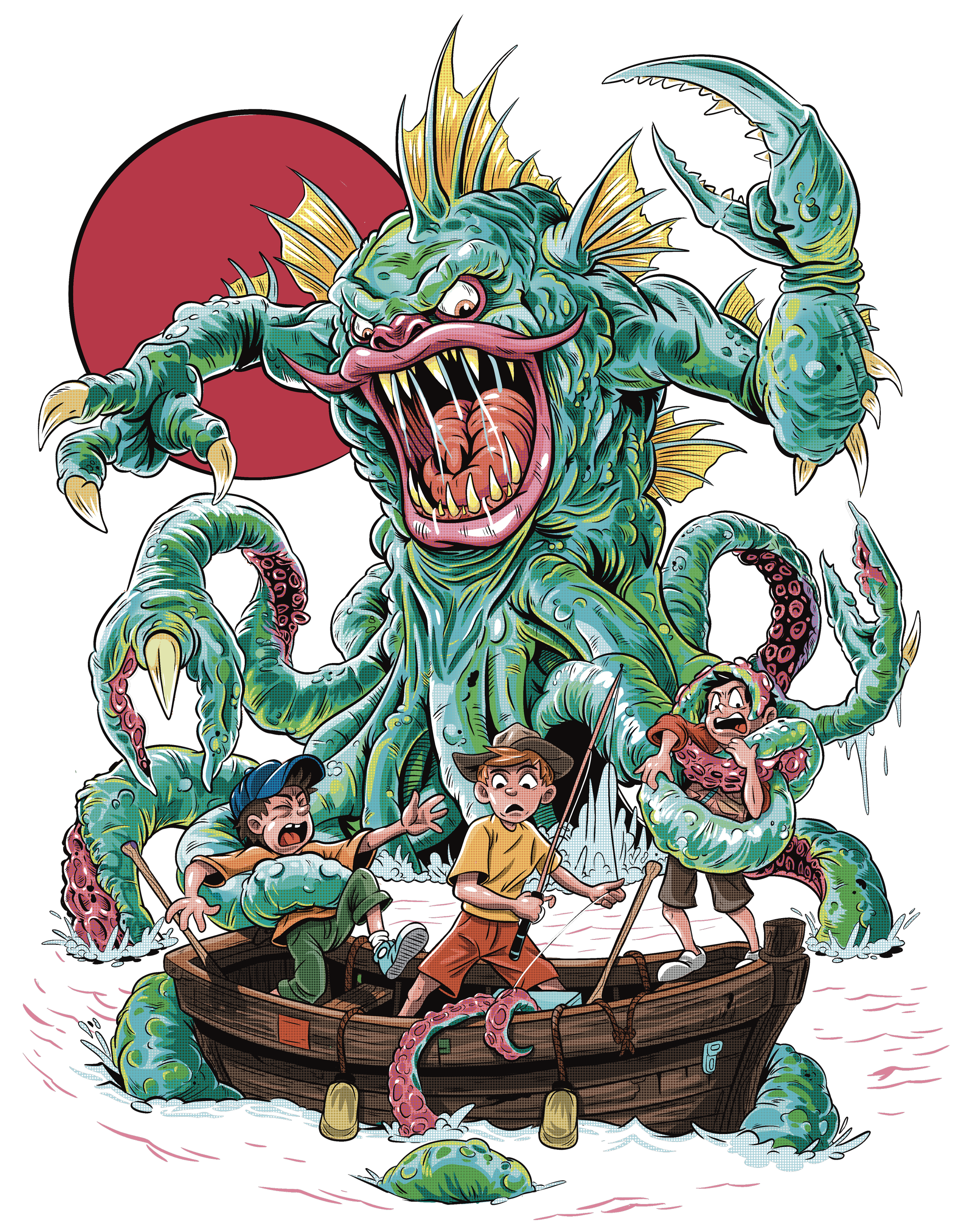 A colorful illustration of a giant sea monster attacking a small wooden boat with three children
