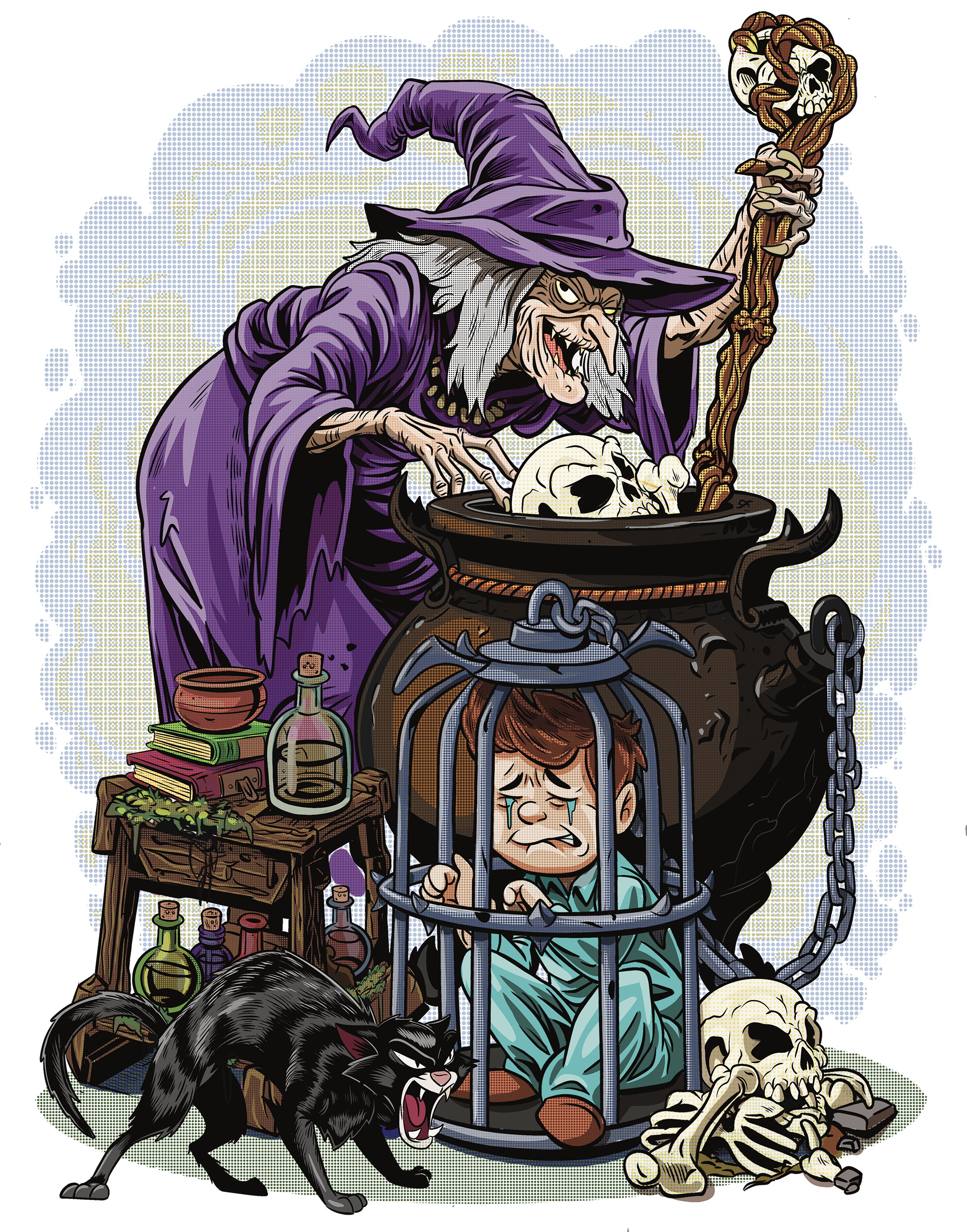 A cartoon illustration of an evil witch stirring a bubbling cauldron filled with skulls, with a crying young boy in a cage nearby. The witch has a long hooked nose, wrinkled face, and wears a purple cloak and hat. She holds a twisted staff topped with a skull and flame. A black cat with an arched back and bared teeth is snarling in front of the cage, with bones scattered on the ground. A small table with potions and books is beside the cage.