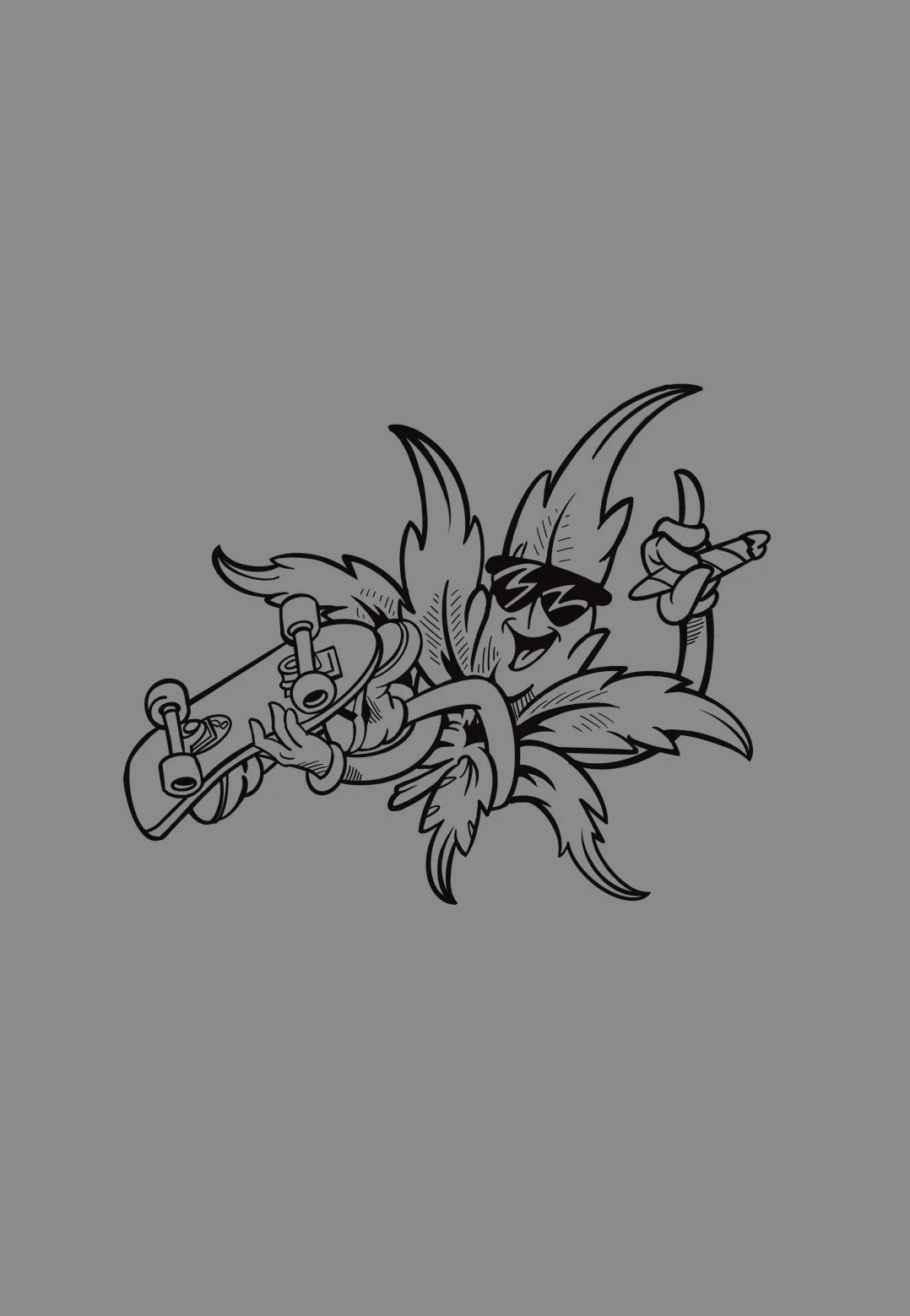 A cartoon illustration of a potleaf with sunglasses, soring through the air on a skateboard