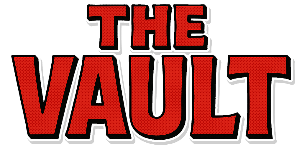 Bold red text reading "The Vault" with a black outline on a white background.